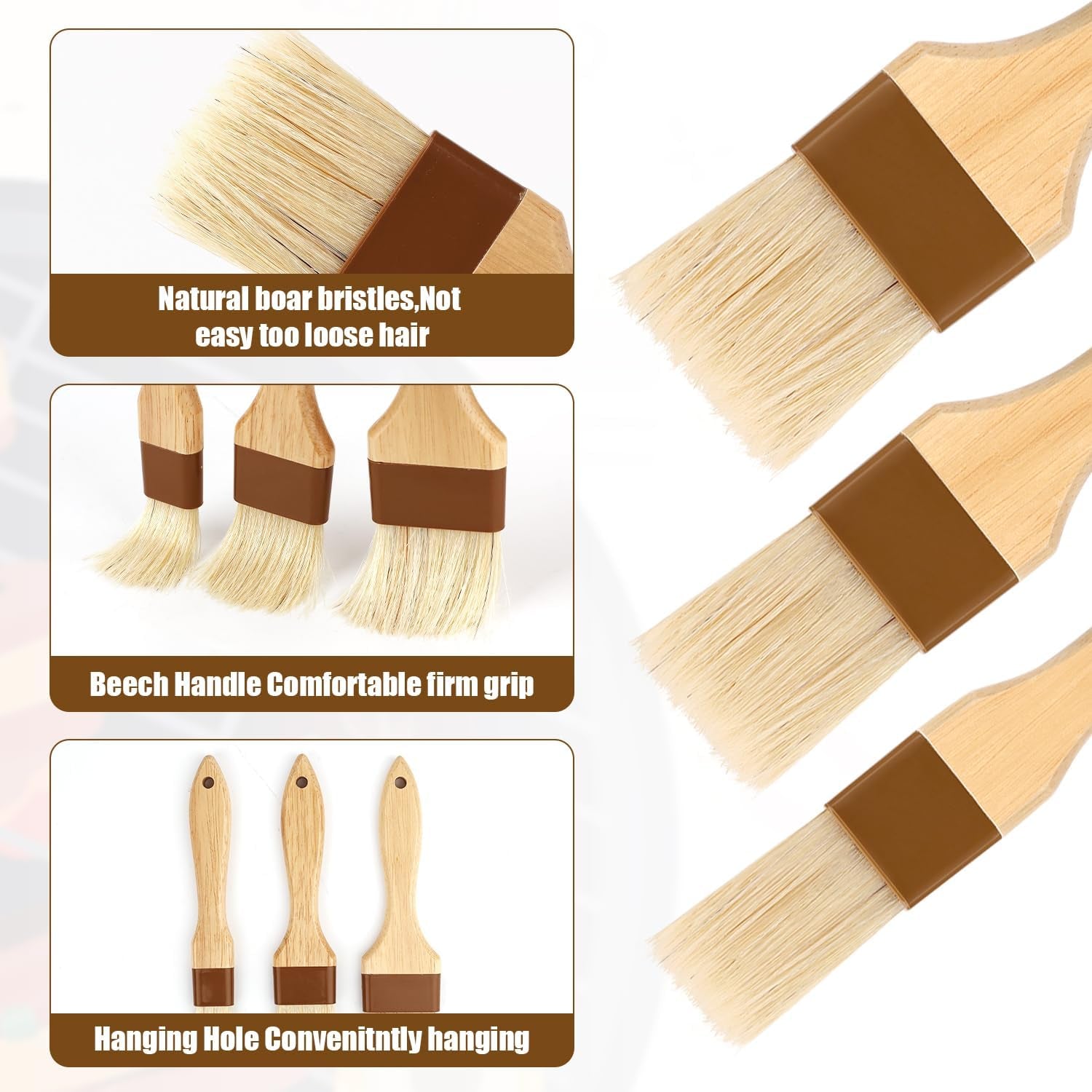 3Pcs Pastry Basting Brushes. Oil Brush for Cooking Boar Bristle Brushes BBQ Brushes for Sauce Kitchen Brush Pastry Brush for Oil Egg Spread Marinade Sauce (Small + Medium+Large) - Image 4