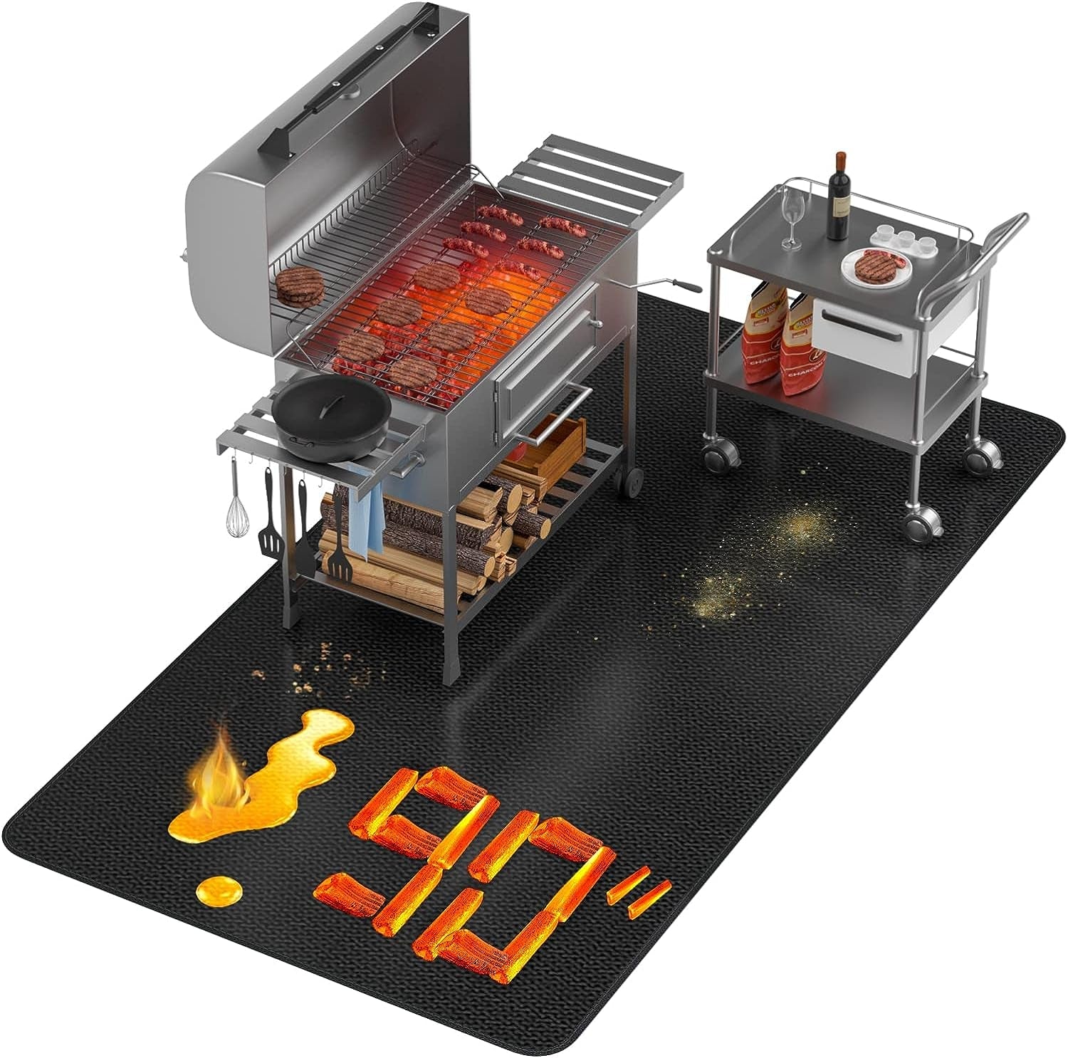 Super Extra Large 90X48 Inch under Grill Mat for Outdoor Grill. Charcoal. Flat Top. Smoker. Deck Patio Protection Mats. Indoor Fireplace Mats. Fire Pit Mat. Both Sides Fireproof Waterproof Pad