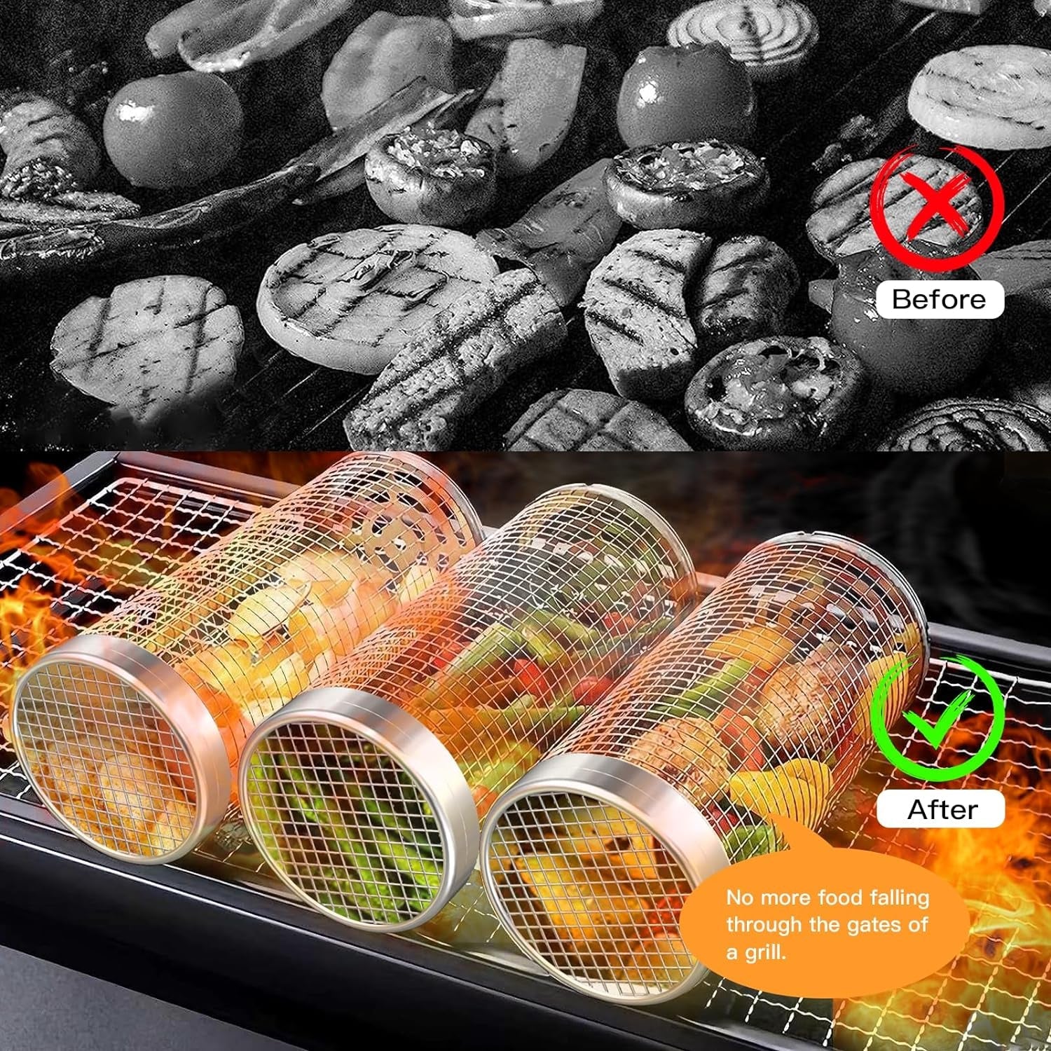Rolling Grill Baskets. Heavy-Duty 304 Stainless Steel Material. round BBQ Grilling Baskets for Veggies. Fish. BBQ Net Tube Barbeque Vegetable Grill Accessories. Cage Cylinder 2 PACK (Two Large) - Image 6
