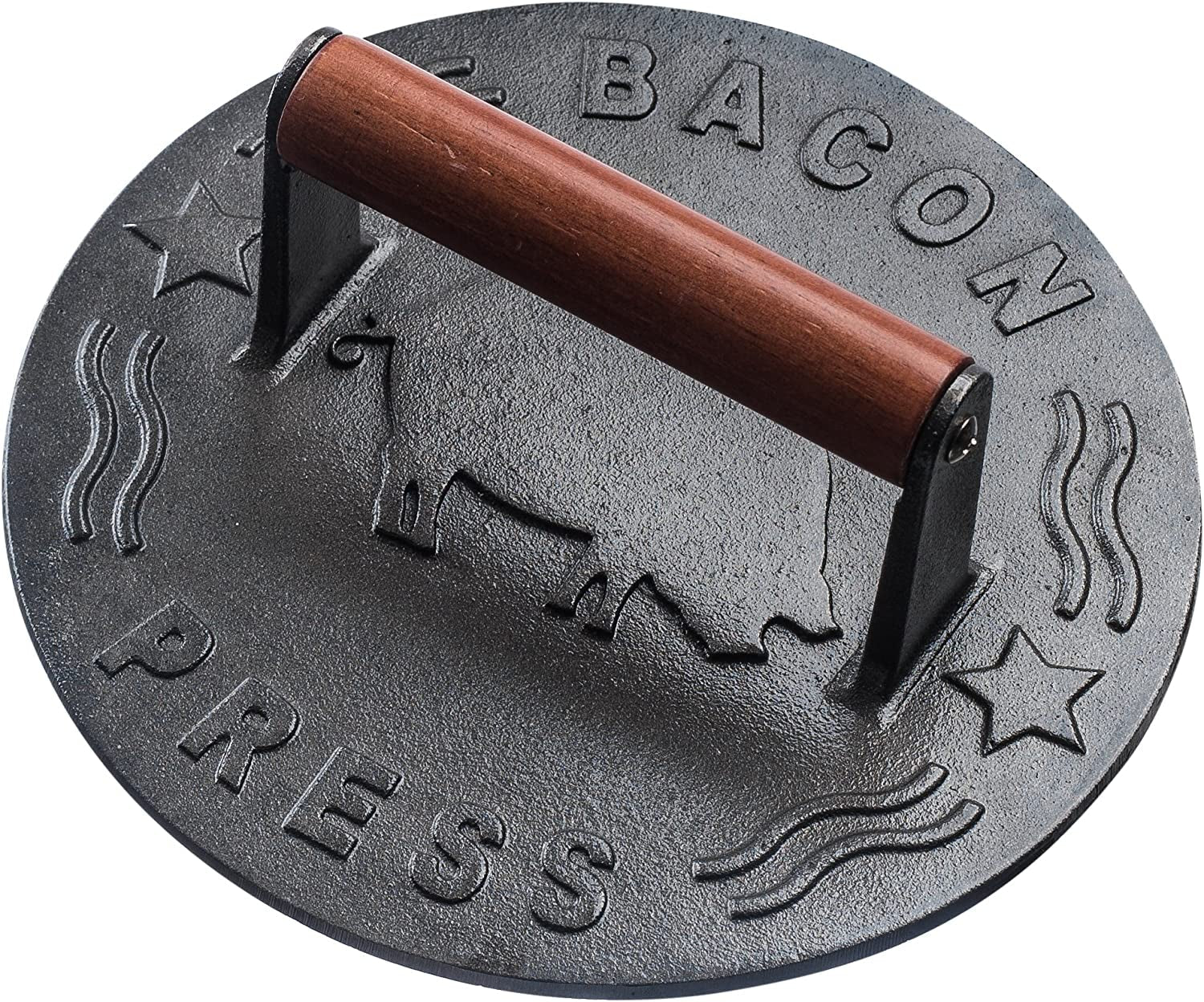 Bellemain Bacon Press 8.5-Inch round | Heavy-Duty Cast Iron Grill Press for Perfectly Seared Bacon. Steak & Sandwiches | Equalized Weight Distribution | Food-Grade Press with Wood Handle | 3 Lbs