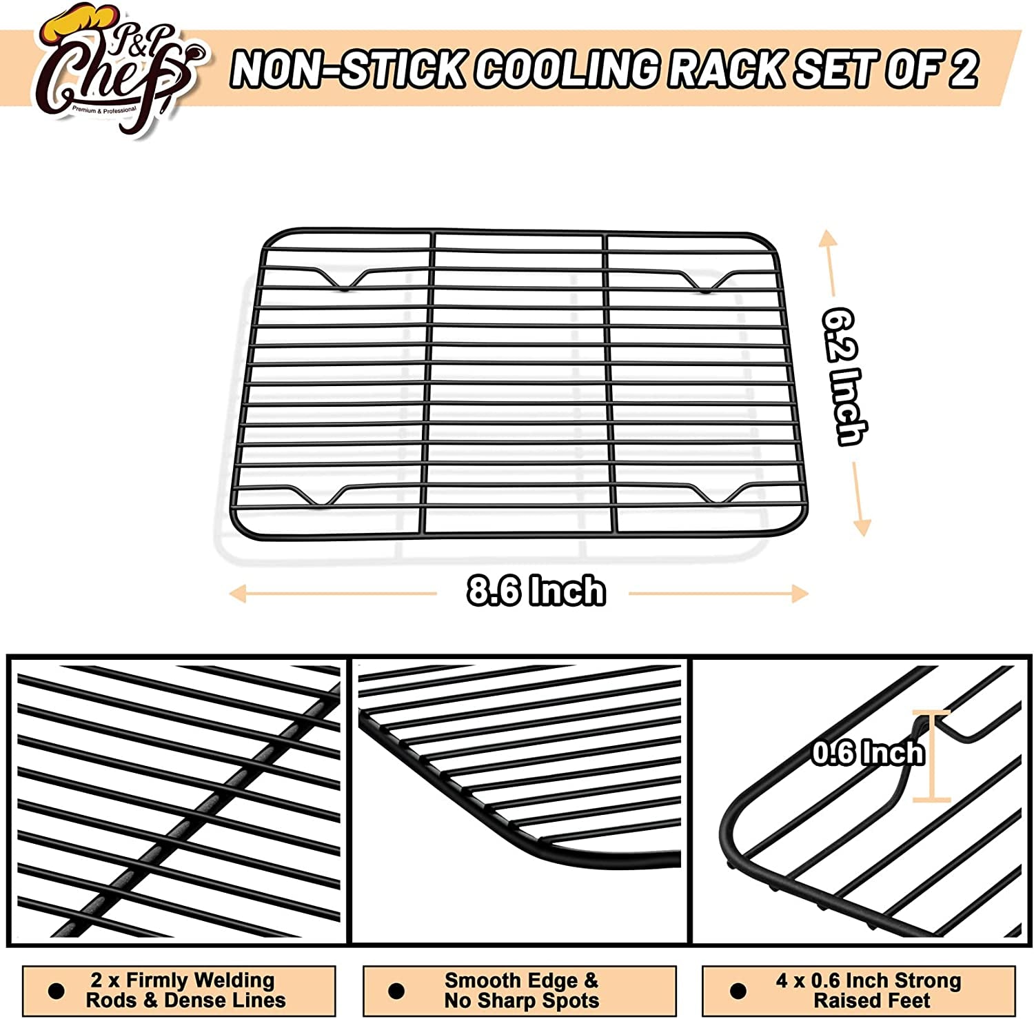 P&P CHEF Baking Rack Set of 2. Non-Stick Mini Cooling Racks for Cooking Grilling. 2 Pack 8.6 X 6.2 Roasting Drying Rack for Small Toaster Oven Use. Stainless Steel Core. Non-Toxic & Easy to Clean - Image 2