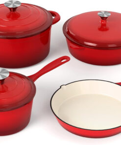 Kitchen Academy Enameled Cast Iron Cookware Set - 7 Piece Pots and Pans Set Nonstick - Skillet. Deep Frying Pan. Wok.Saucepan and Dutch Oven. Heavy Duty Oven Safe up to 500° F or on All Stovetop