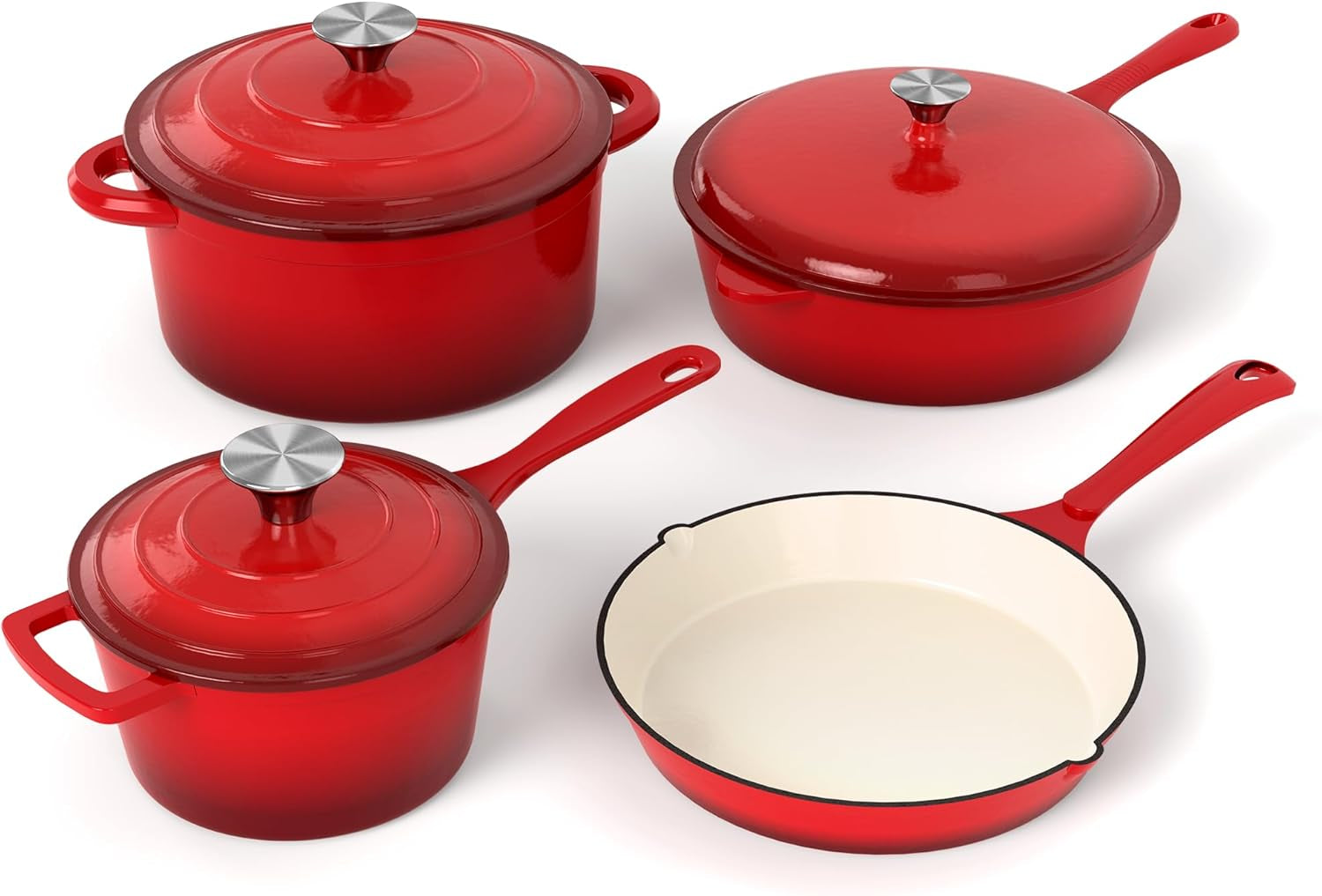 Kitchen Academy Enameled Cast Iron Cookware Set - 7 Piece Pots and Pans Set Nonstick - Skillet. Deep Frying Pan. Wok.Saucepan and Dutch Oven. Heavy Duty Oven Safe up to 500° F or on All Stovetop