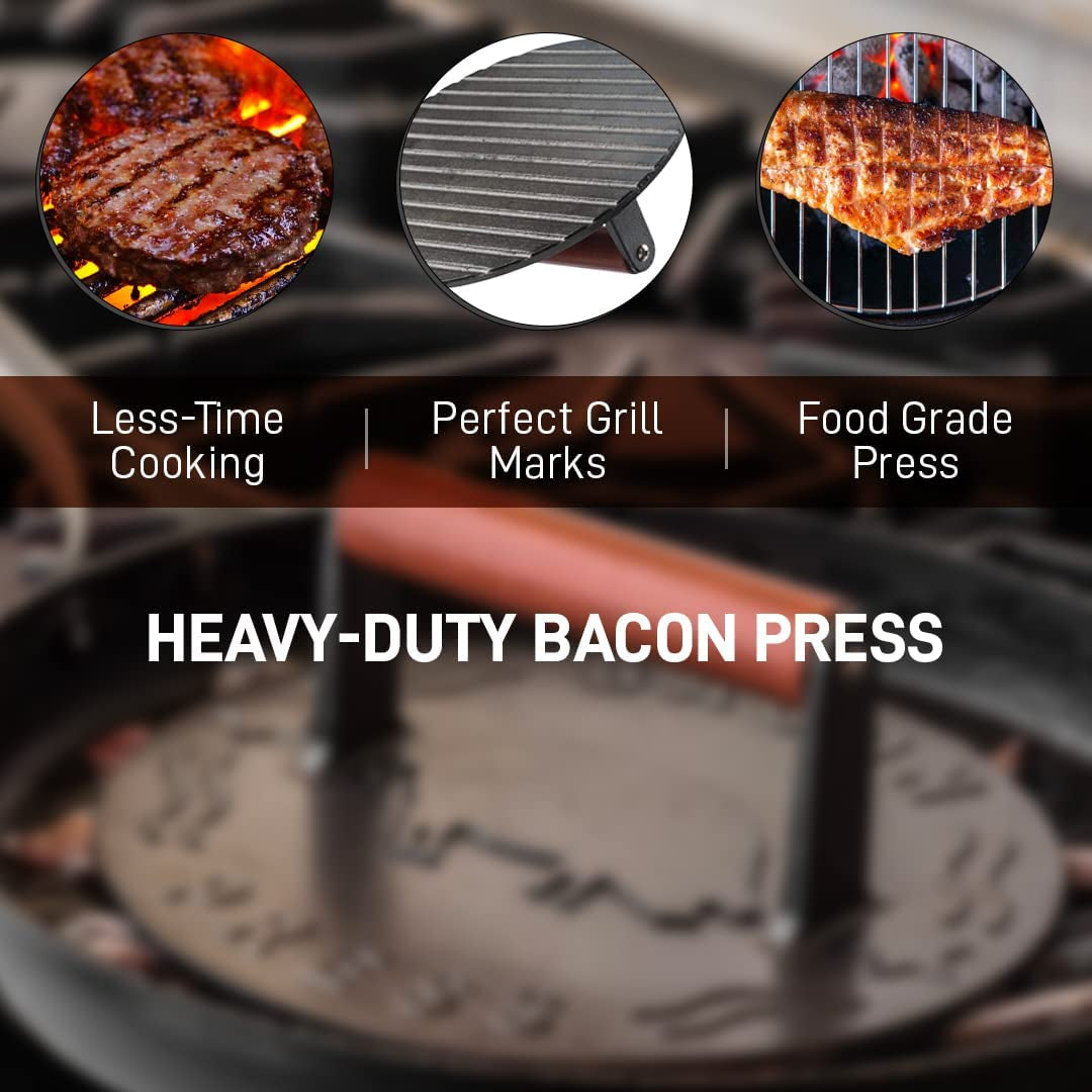 Bellemain Bacon Press 8.5-Inch round | Heavy-Duty Cast Iron Grill Press for Perfectly Seared Bacon. Steak & Sandwiches | Equalized Weight Distribution | Food-Grade Press with Wood Handle | 3 Lbs - Image 2