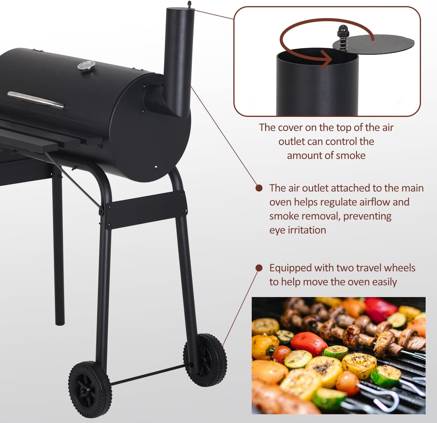 Charcoal Grills Outdoor BBQ Grill Offset Smoker with Wheels Side Fire Box Portable Barbecure Grill for Outdoor Cooking Backyard Camping Picnics.Black - Image 3