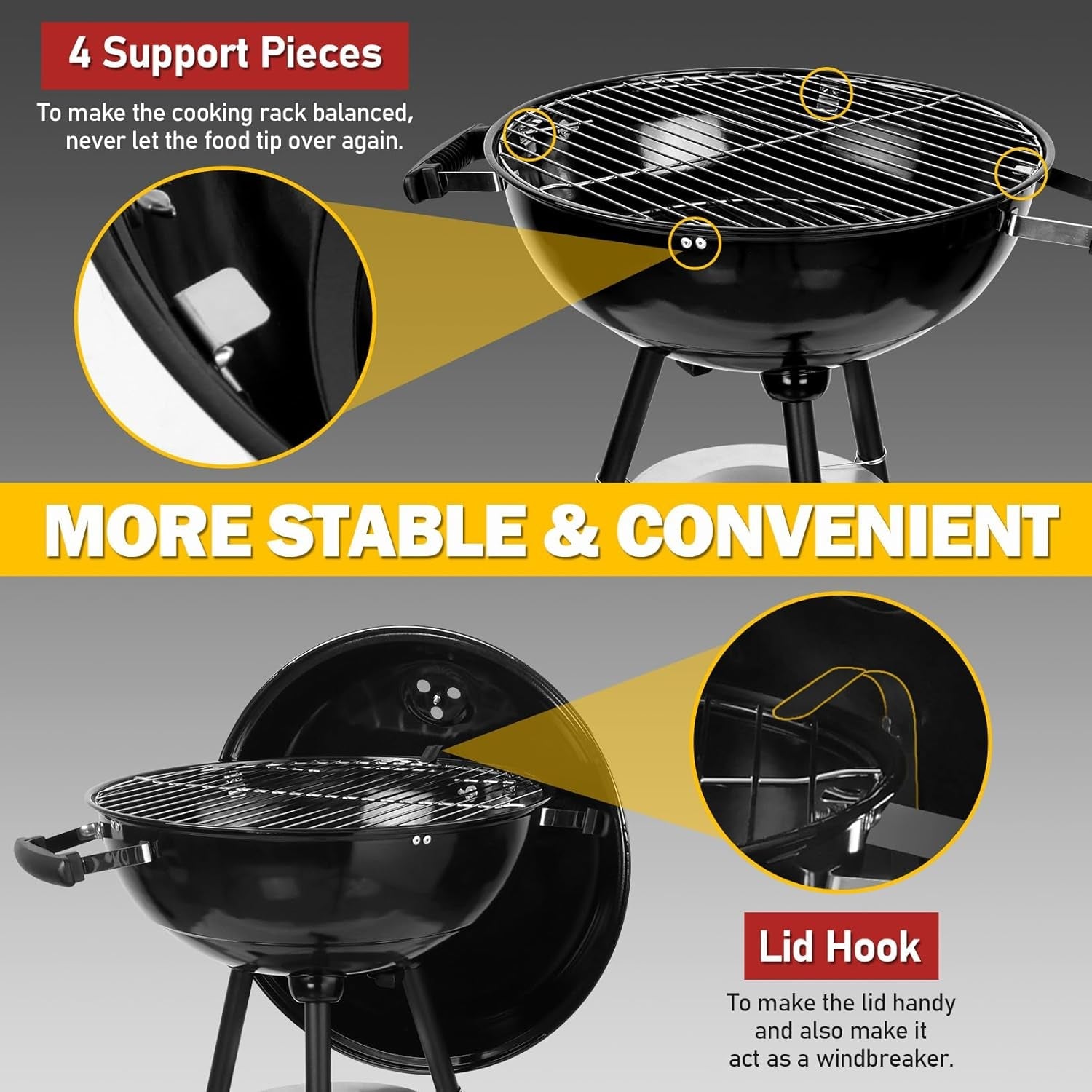 Joyfair Kettle Charcoal Grill (18 Inch). Outdoor Barbecue Grill for Camping/Backyard/Tabletop Grilling. Portable round Smoker with Wheels. Enameled Lid & Fire Bowl. Dual Venting System. Black - Image 7