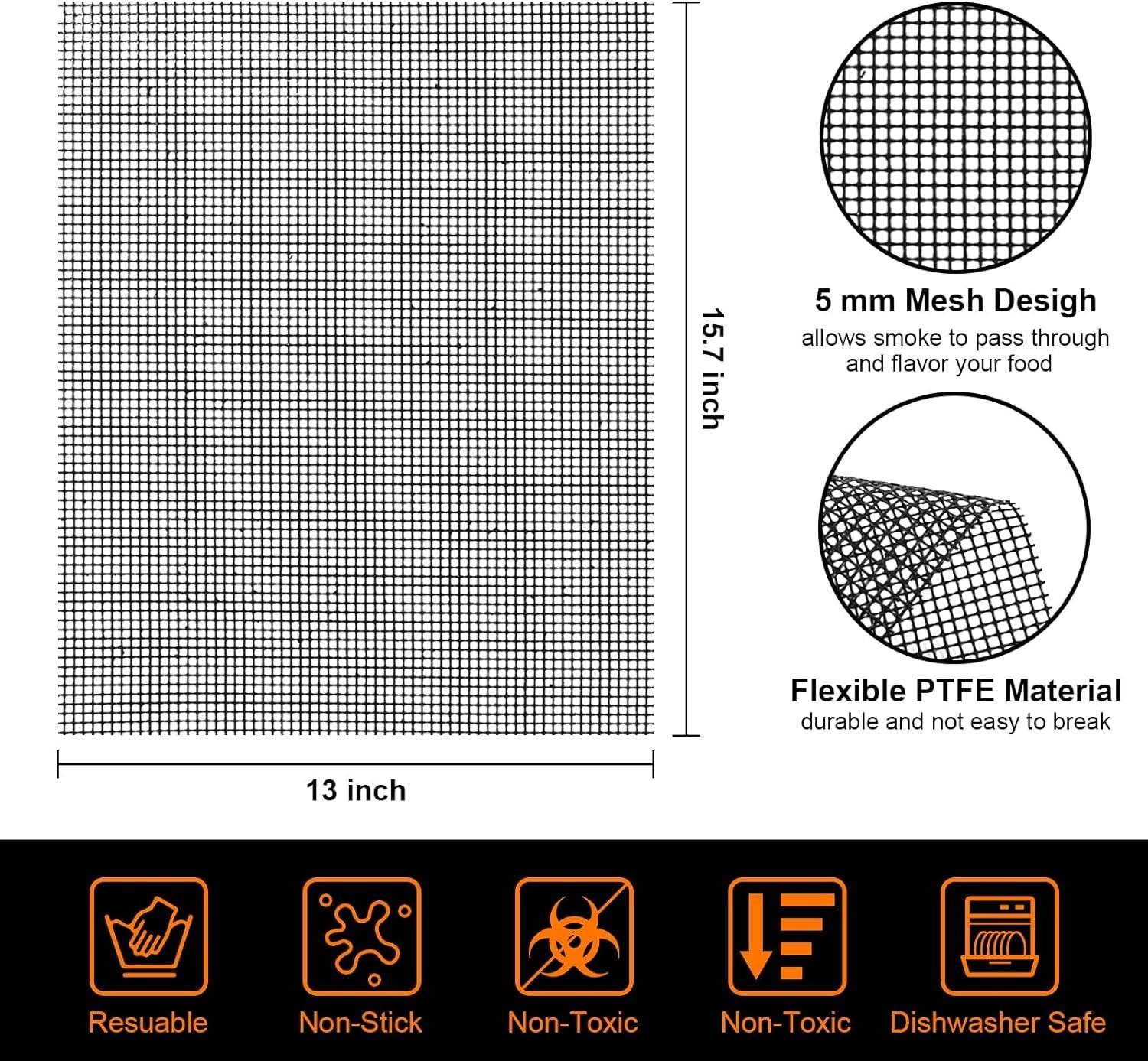 Grill Mesh Mat Set 5 Barbecue Grill Accessories Reusable Non-Stick Grill Mat for Vegetables Fish Grilling Mat Sheets for Outdoor Smoker Charcoal Gas Electric Grill BBQ Tools.Xl 15.75 X 13 Inch. Black - Image 2