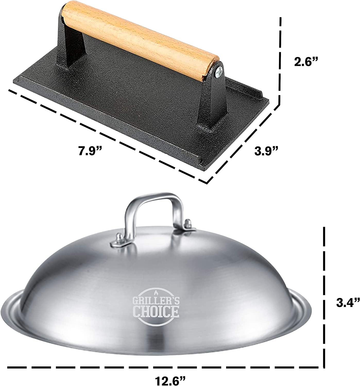 Grillers Choice Griddle Accessories. Flat Top Grill Accessories.Commercial Quality Cast Iron Grill Press and Melting Dome. Griddle Grill Dome for Cooking and Griddle Cheese Press. - Image 2