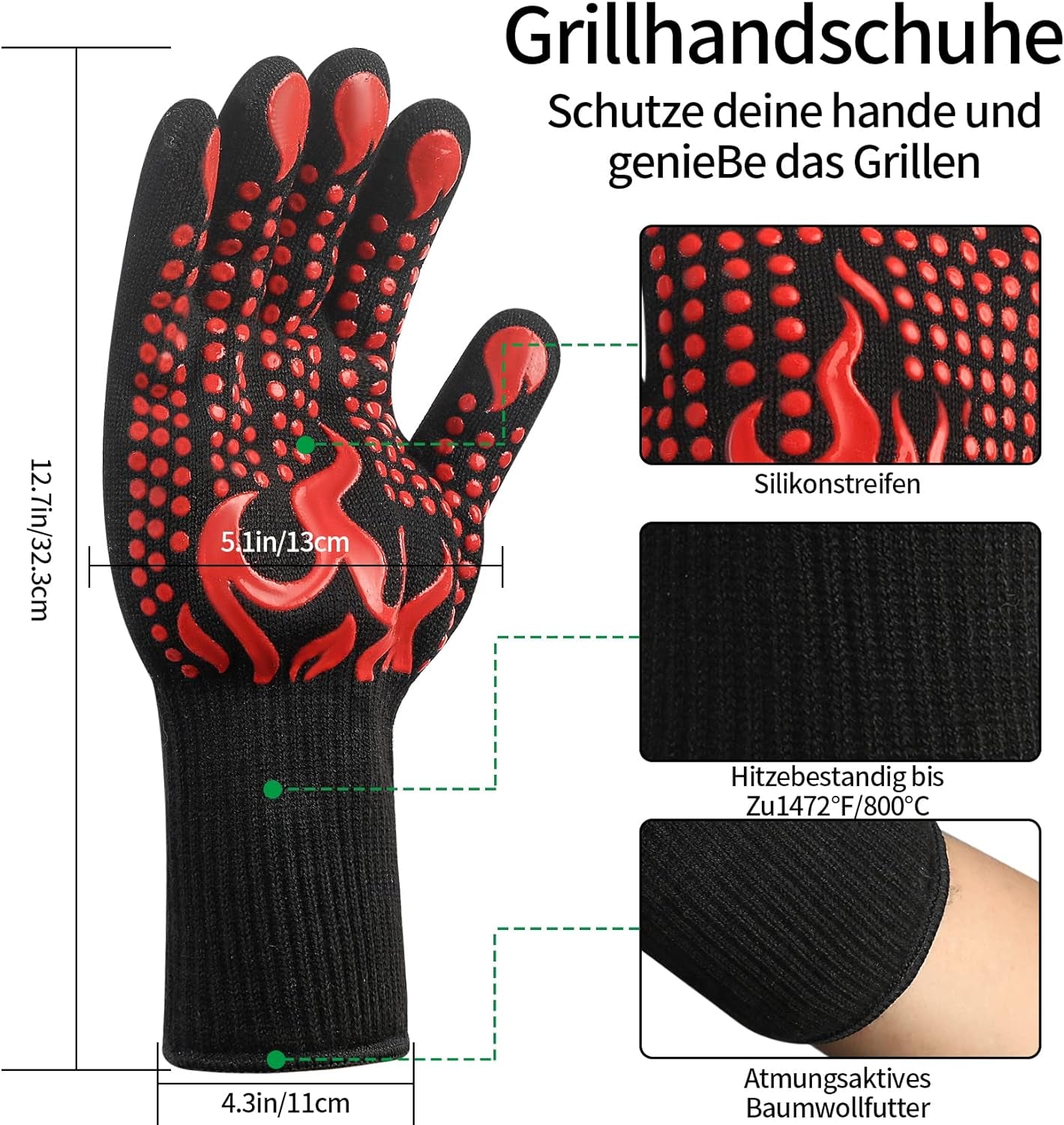 1 Pair/2 Pieces BBQ Gloves. Grilling Gloves. Heat Resistant Barbecue Oven Gloves. 1472°F/800°C Kitchen Fireproof Mitts Heat Proof for Grilling. Baking. Cooking. Welding Gloves Mitts - Red - Image 2