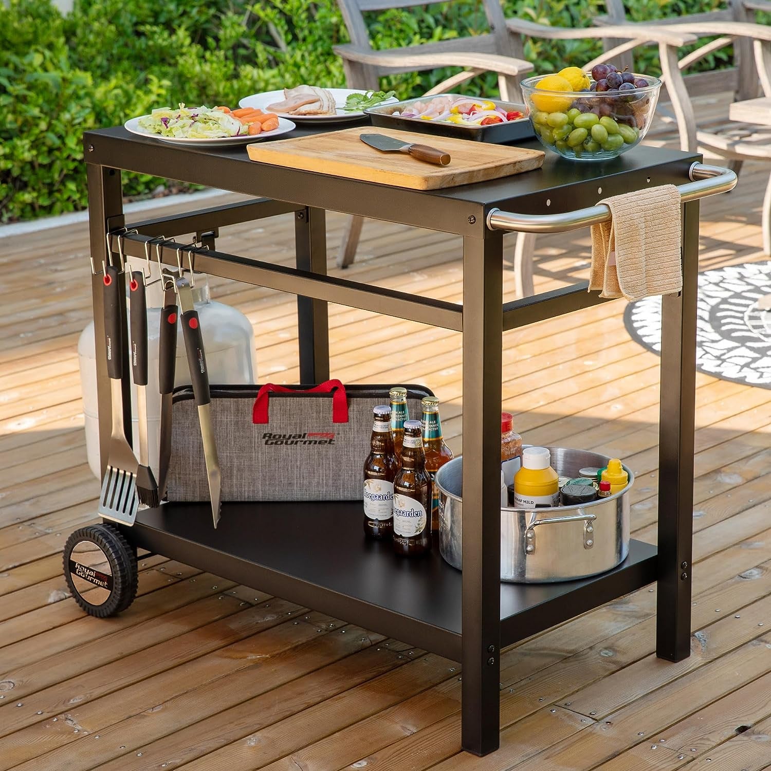 Dining Cart Table with Double-Shelf. Movable Steel Flattop Worktable. Hooks. Side Handle. Multifunctional and Commercial PC3401B (Black) - Image 2