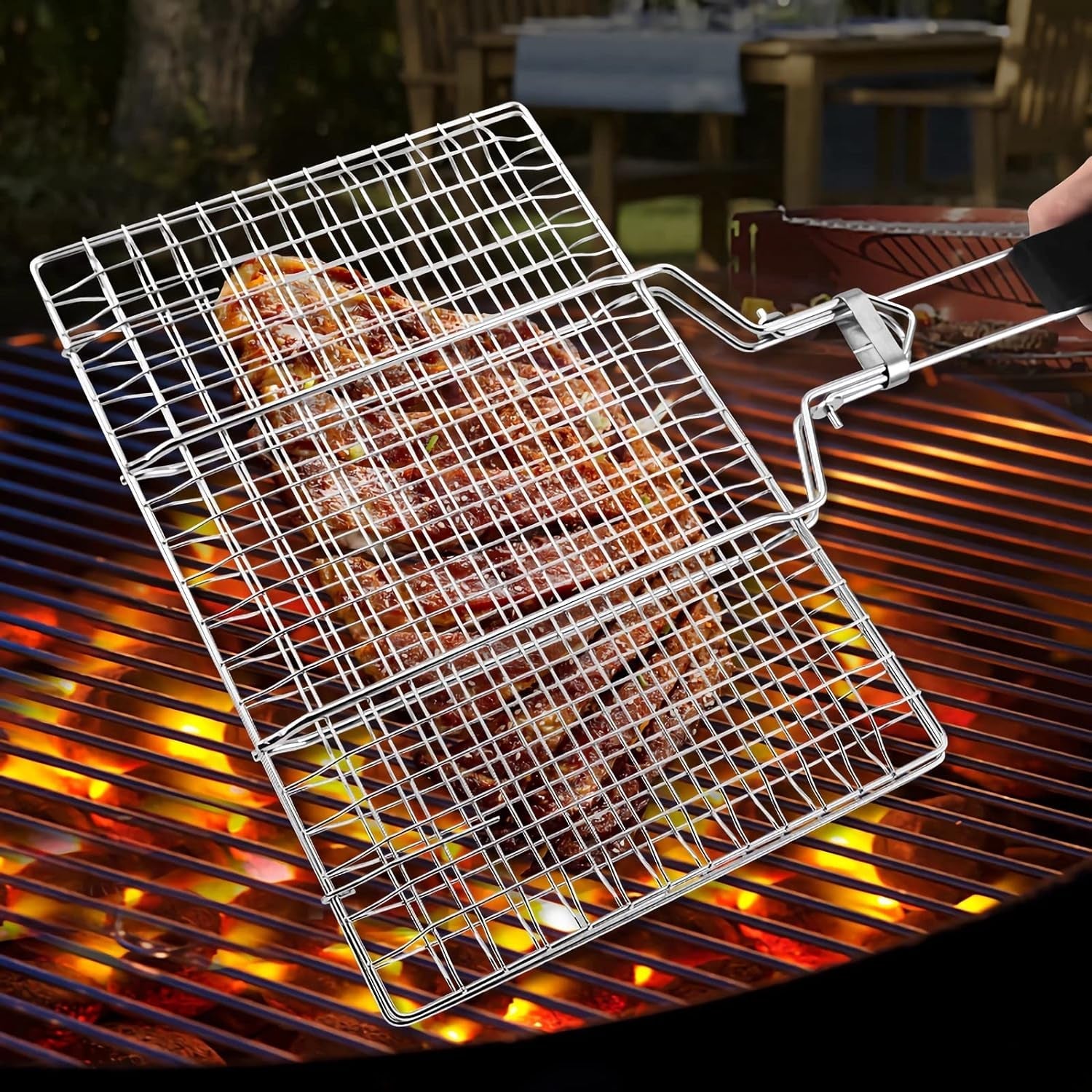 Grill Basket. Stainless Steel Barbecue Basket with Foldable Handle. Portable Outdoor/Camping Grilling Accessories. Grill Vegetable Basket for Garden. Outdoor. Camping - Image 7