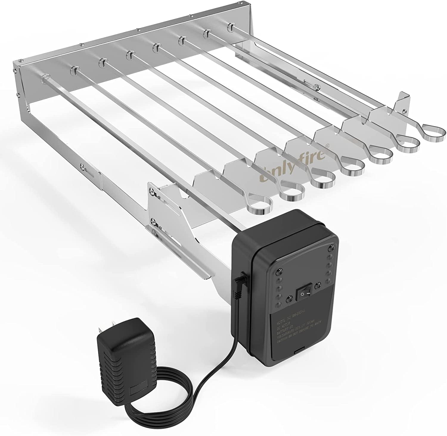 Only Fire Stainless Steel Electric Skewer Turner. Rotated Grilling Rack Shish Kabob Set with 7 Skewers and Dual-Purpose Rotisserie Motor