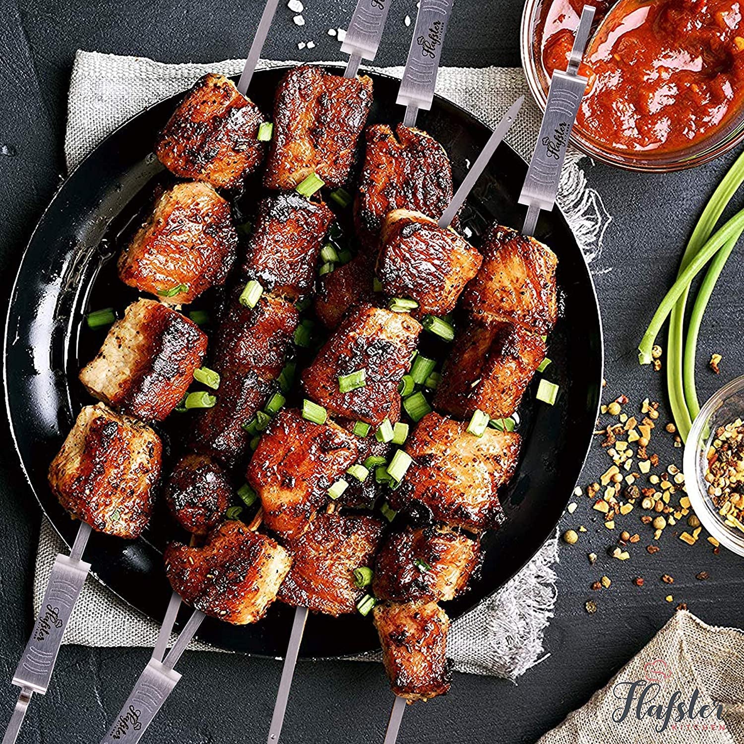 Kabob Skewers for Grilling- BBQ Skewers for Grilling-16 Long Flat Kebab Skewers with Push Bar- Shish Kabob Skewers - Stainless Steel Skewer Sticks for Camping - Wide Reusable Sword Skewers - 8 Pack - Image 6