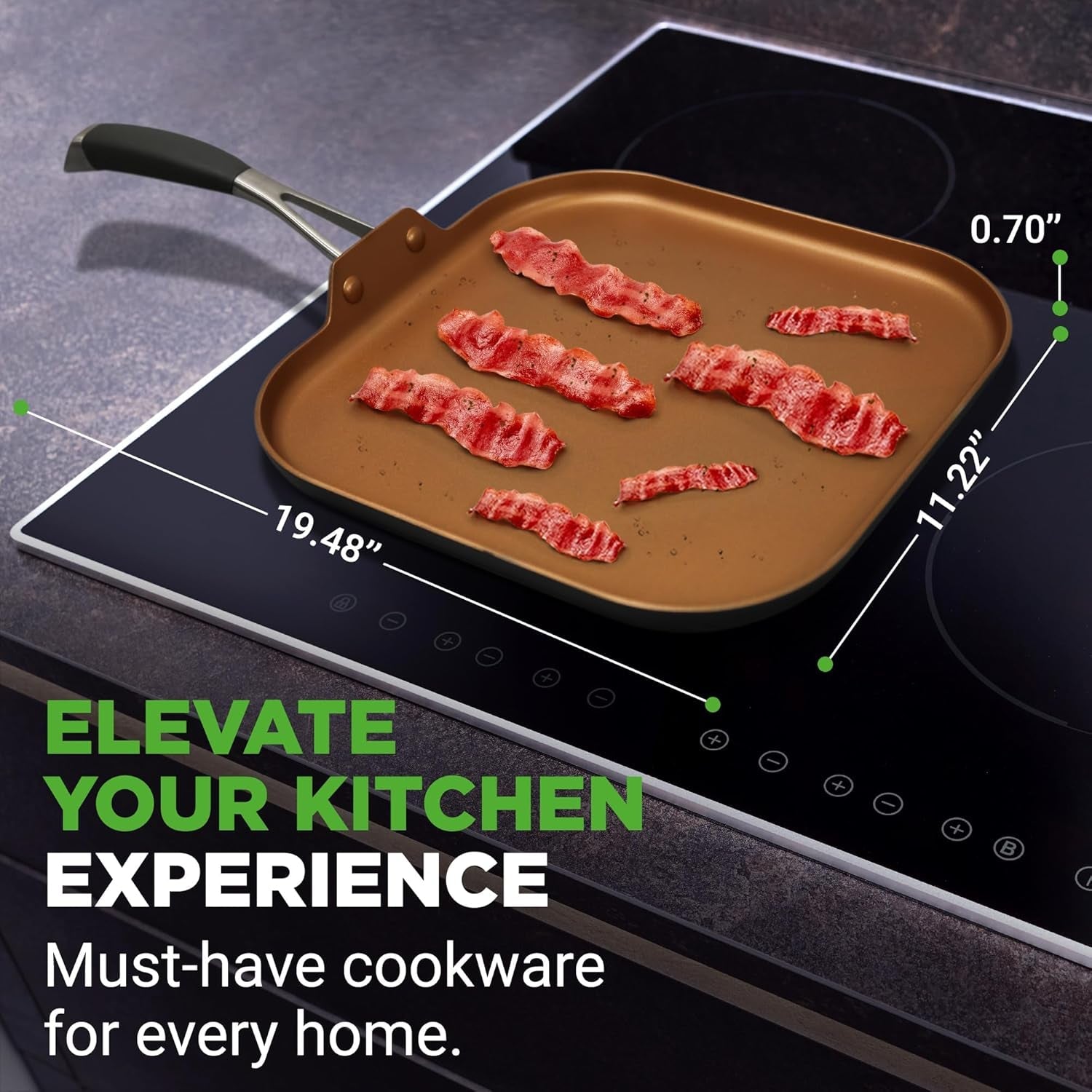 Nutrichef Copper Pan Non-Stick Coating Inside. Hard-Anodized Look Heat Resistant Lacquer Outside. Silicone Handle NCSQPA. 1 Griddle - Image 3