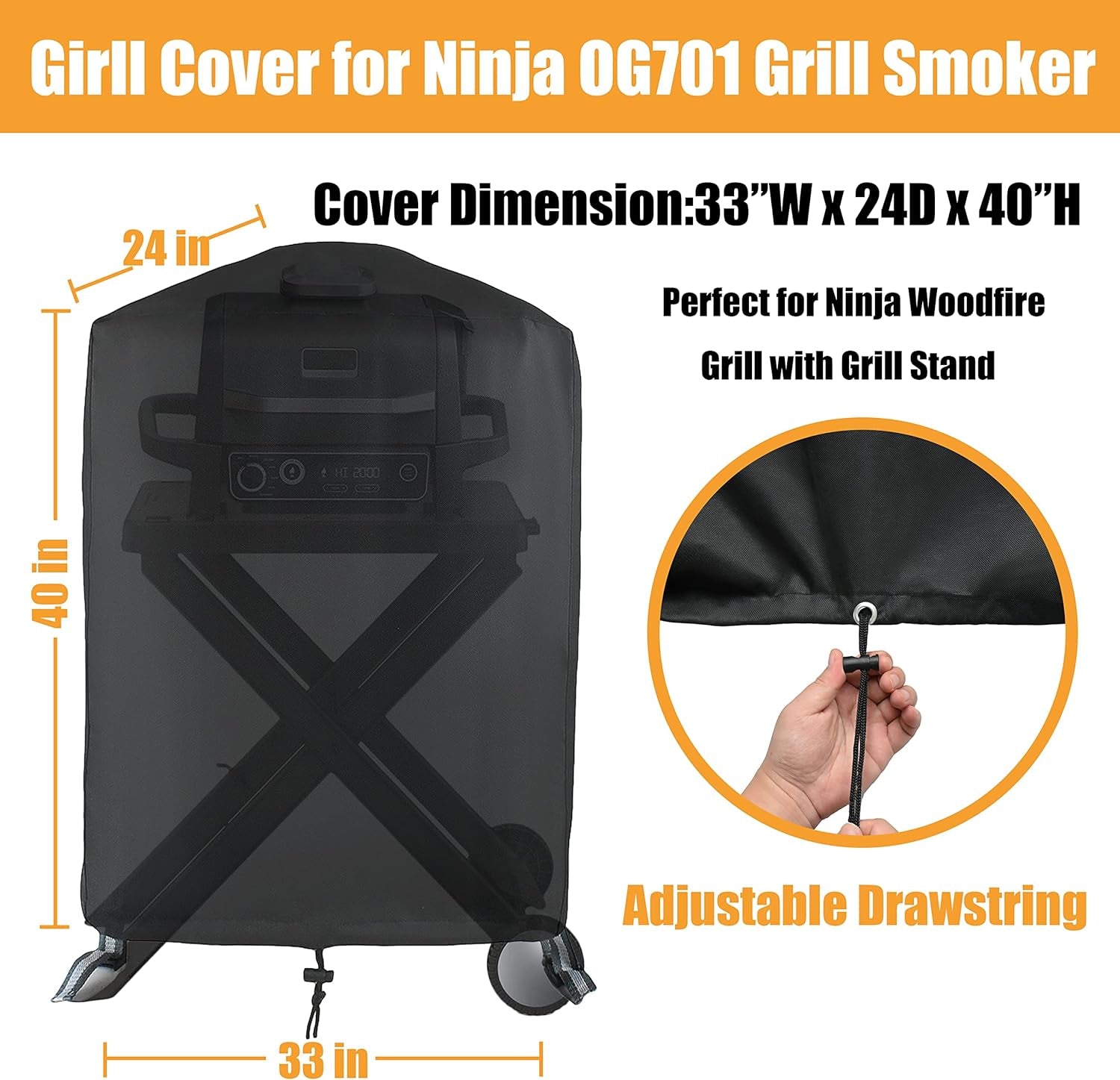 Cover for Ninja Woodfire Outdoor Grill - Waterproof Grill Cover for Ninja OG701 Grill and Stand - Anti-Fade & UV Resistant. Heavy Duty 600D Oxford Fabric (Cover Only. Does Not Include Stand) - Image 2