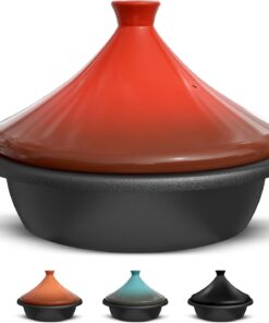 Kook Moroccan Tagine. Enameled Cast Iron Cooking Pot. Tajine with Ceramic Cone-Shaped Closed Lid. 3.3 QT. (Crimson)