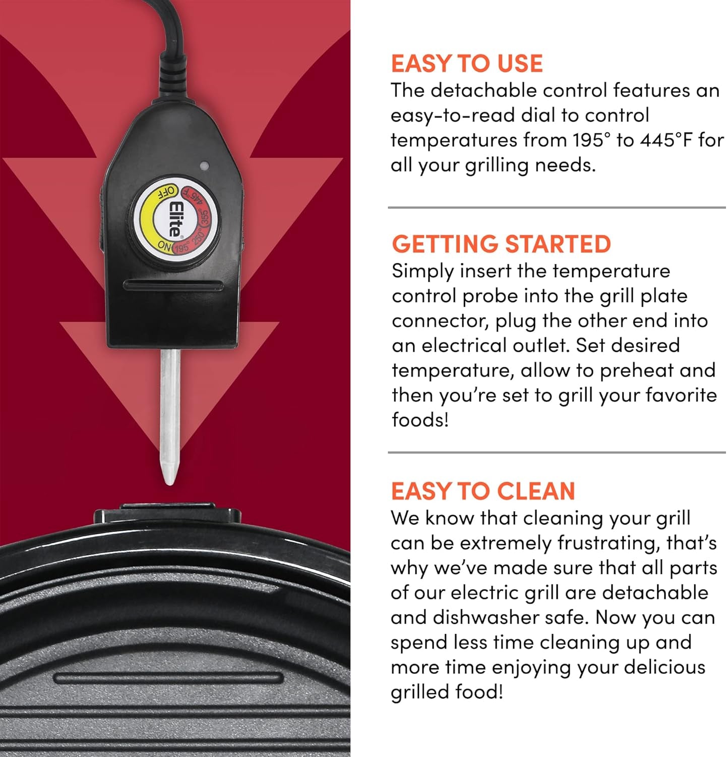 Elite Gourmet EMG-980B Smokeless Electric Tabletop Grill Nonstick. 6-Serving. Dishwasher Safe Removable Grilling Plate. Grill Indoor. Tempered Glass Lid. Adjustable Temperature. 14 Black - Image 7