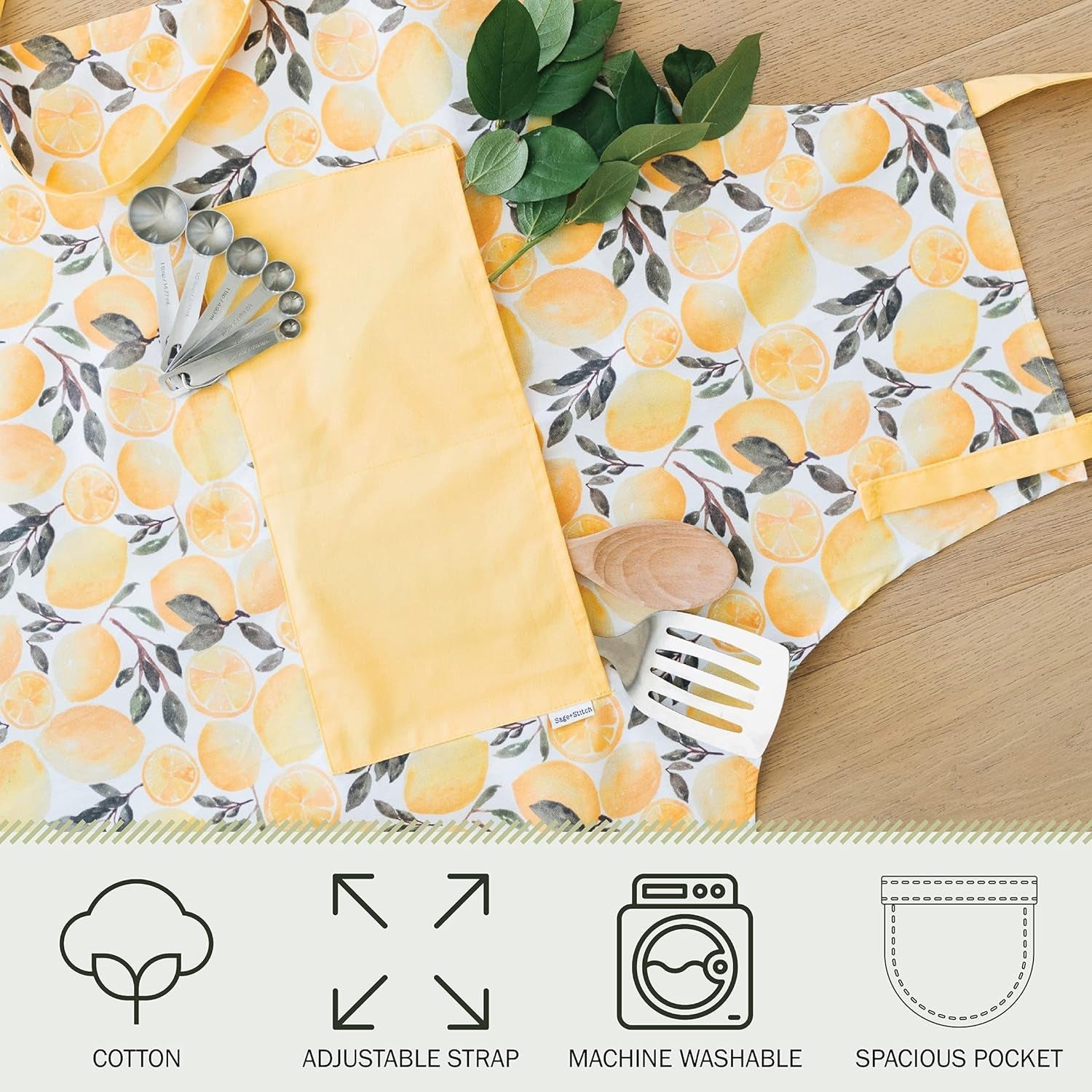 Adjustable Designer Kitchen Apron for Adults | 100% Machine Washable Cotton Cooking Apron with Pockets and Adjustable Neck Buckle | 27 Wide X 33 Long | Yellow Lemons - Image 3