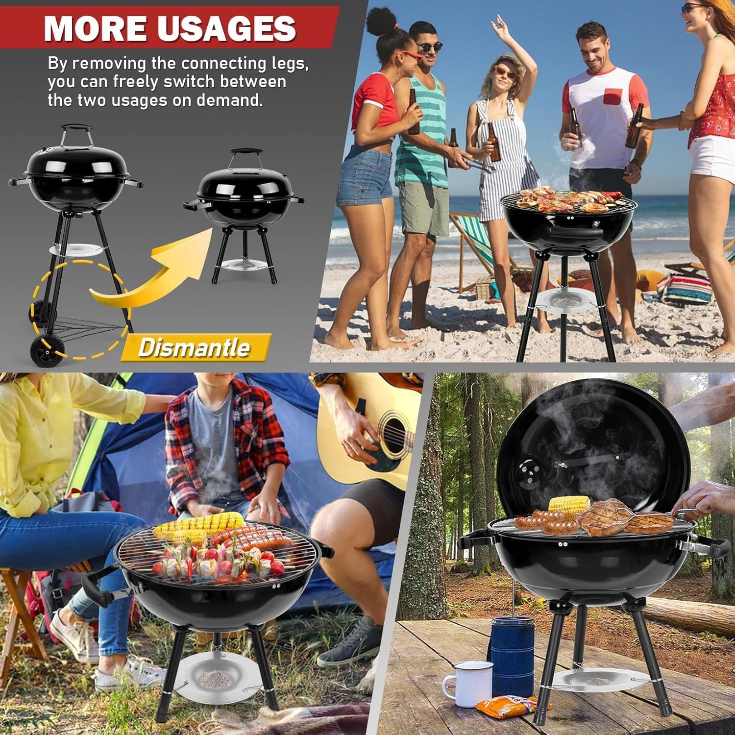 Joyfair Kettle Charcoal Grill (18 Inch). Outdoor Barbecue Grill for Camping/Backyard/Tabletop Grilling. Portable round Smoker with Wheels. Enameled Lid & Fire Bowl. Dual Venting System. Black - Image 3