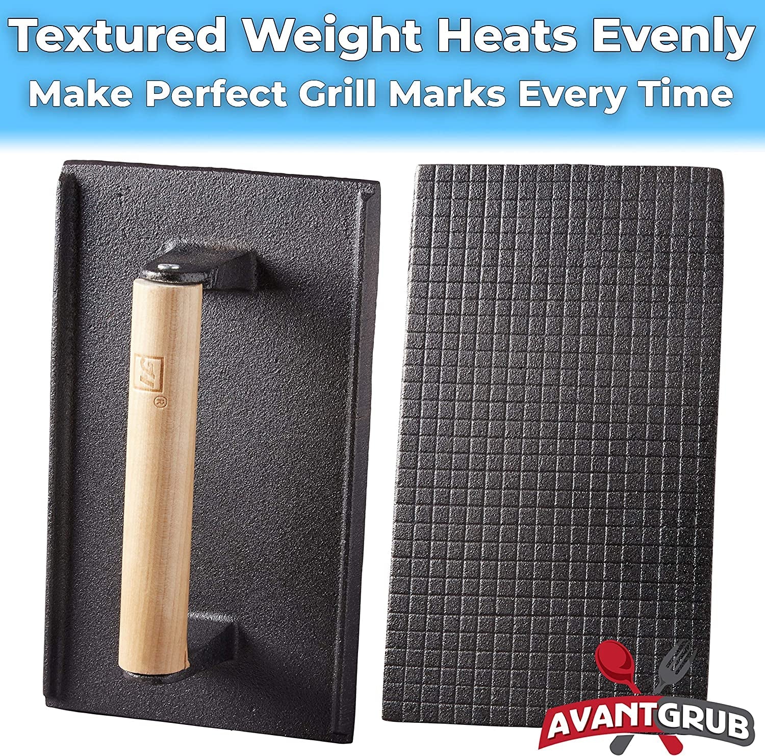 Pro Grade. Pre Seasoned Cast Iron Grill Weight 2Pk. Heavy Duty Steak and Burger Press with Wooden Handle for Grills. Griddles and Flattops. Perfect Gadget for Bacon. Paninis. Sandwiches and Vegetables - Image 5