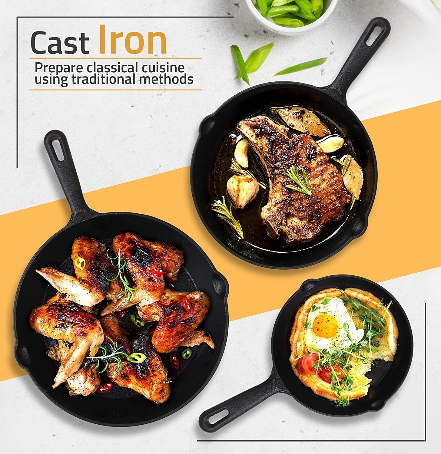 Utopia Kitchen Cast Iron Skillets 3 Piece Set. Chefs Pan. Pre Seasoned Cast Iron Skillets. 6. 8 & 10 Inches. Easy Use in the Oven. Stove. Grill. or Campfire. Black - Image 5