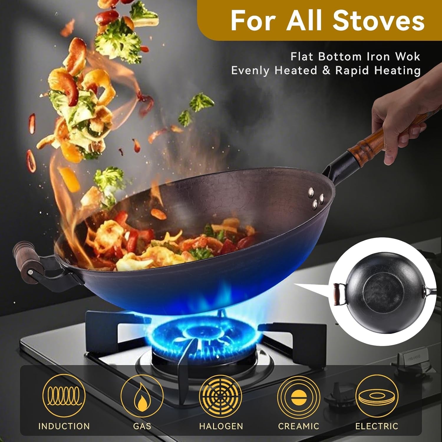 WANGYUANJI Cast Iron Wok Pan 14.2 Large Wok Stir Fry Pan Flat Bottom Wok with Lid and Wood Handle. Suitable for All Cooktops. Uncoated Craft Pot Healthy Cooking Pot - Image 3