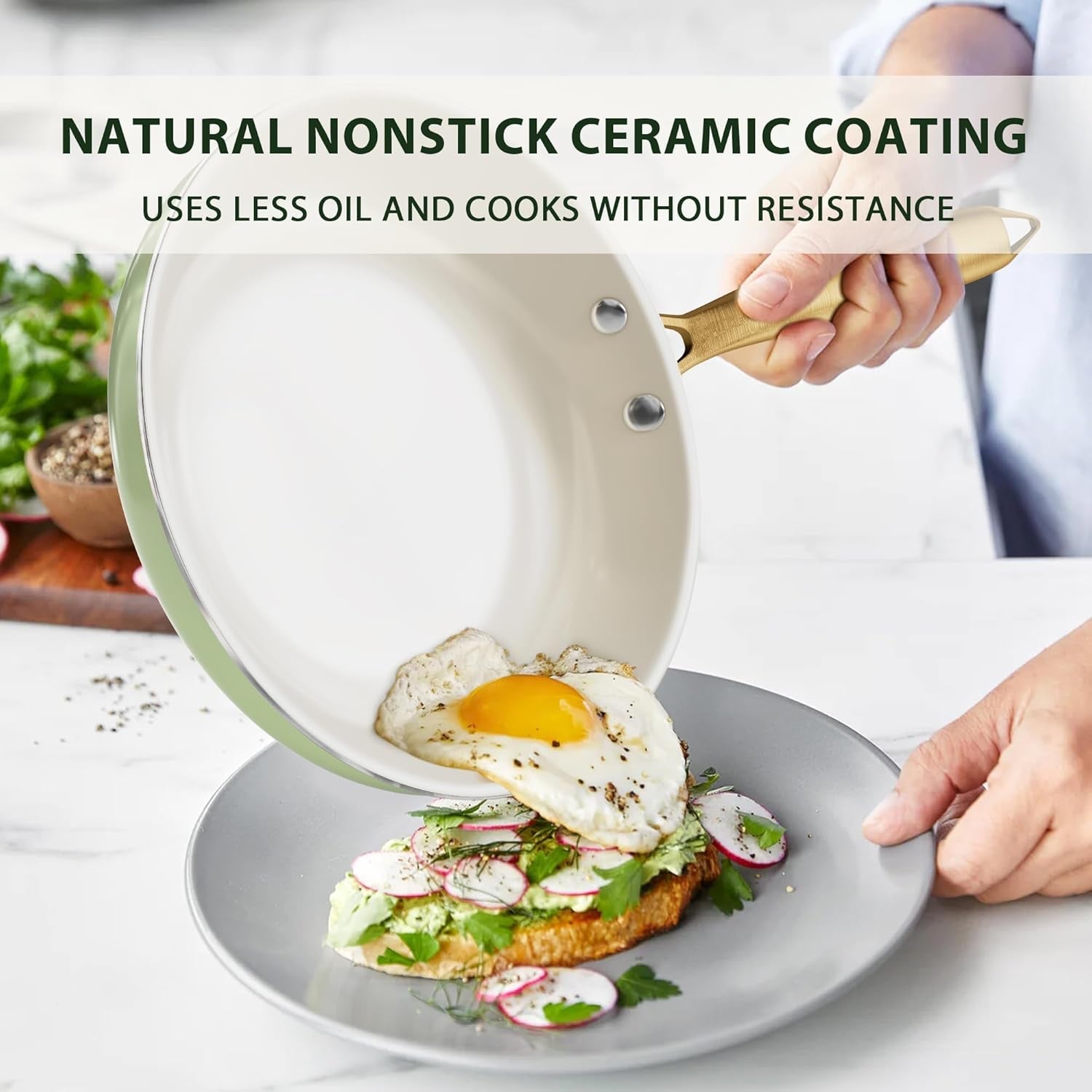 Pots and Pans Set Non Stick - VONIKI Ceramic Cookware Set with Cooking Utensils Set. Non Toxic Kitchen Cookware Sets Dutch Oven Pot with Lid Saucepan Set Sauté Pan Frying Pan Set for Cooking Gifts - Image 3