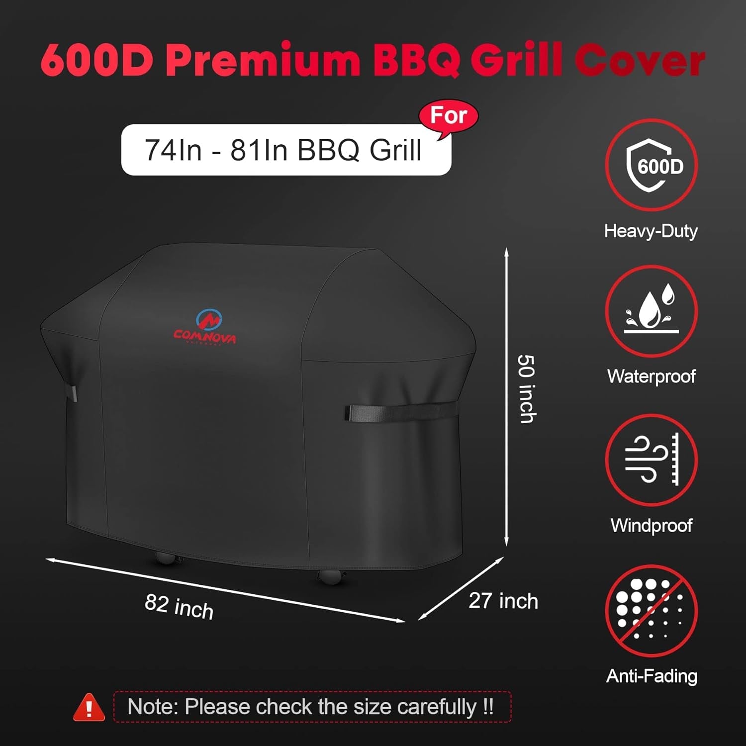 Comnova Grill Cover 82 Inch - 600D BBQ Cover for Outdoor Grill Heavy Duty and Waterproof. Large Barbecue Gas Grill Covers for Weber. Char-Broil. Nexgrill. Monument. Dyna-Glo. Brinkmann and More - Image 2