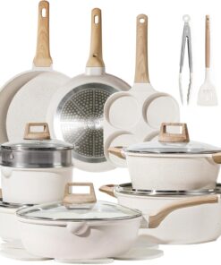CAROTE 21Pcs Pots and Pans Set. Nonstick Cookware Sets. White Granite Induction Cookware Non Stick Cooking Set W/Frying Pans & Saucepans(Pfos. PFOA Free)