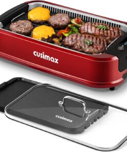 Indoor Grill. CUSIMAX Smokeless Grill Indoor. Electric Grill Griddle. 1500W Korean BBQ Grill with LED Smart Display & Tempered Glass Lid. Non-Stick Removable Grill Plate & Griddle Plate. Red