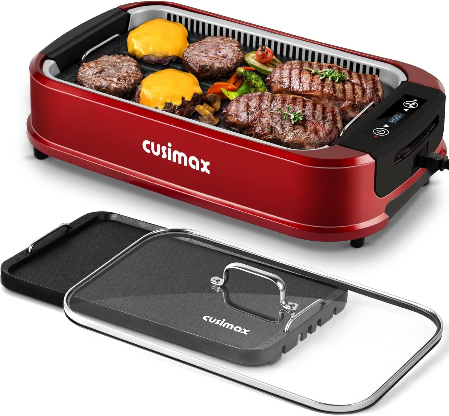 Indoor Grill. CUSIMAX Smokeless Grill Indoor. Electric Grill Griddle. 1500W Korean BBQ Grill with LED Smart Display & Tempered Glass Lid. Non-Stick Removable Grill Plate & Griddle Plate. Red