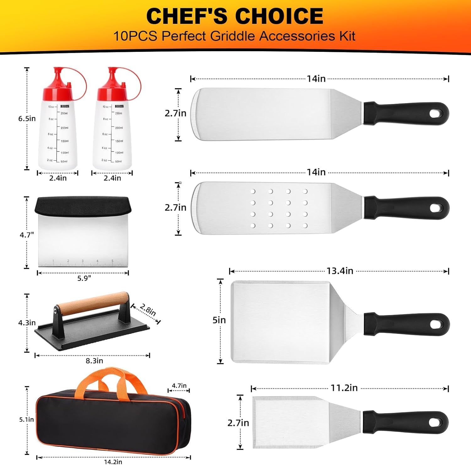 CEKEE 10PCS Blackstone Griddle Accessories Kit. Flat Top Grill Accessories Kit for BBQ and Camp Chef. Grill Spatula Set with Enlarged Griddle Spatula. Burger Press. Scraper for Outdoor BBQ Cooking - Image 2