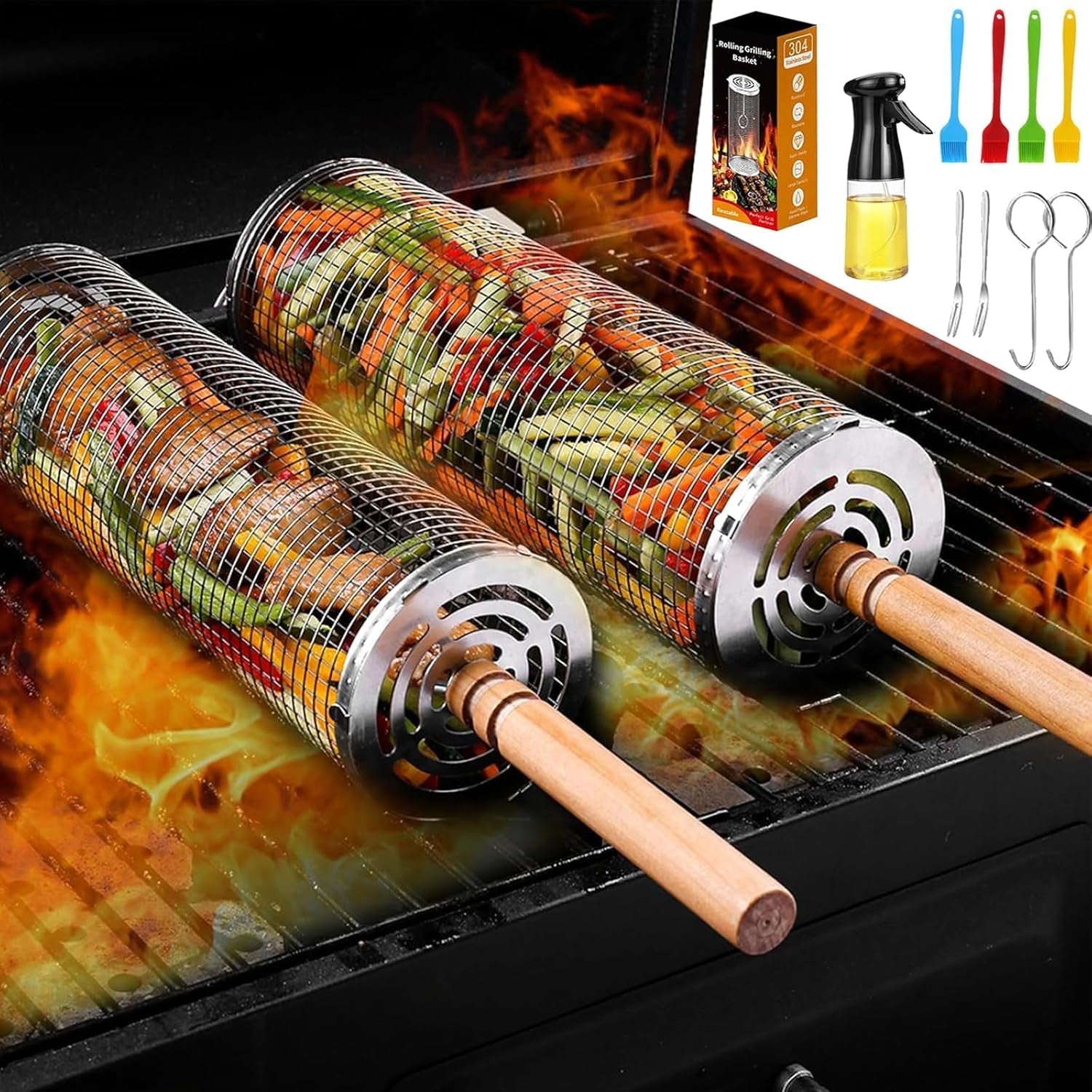 Rolling Grilling Baskets for Outdoor Grill 2 Pcs.Removable Wooden Handle.Perfect Gifts for Men Dad Husband.Portable Camping Nesting Grill Baskets for Fish. Shrimp. Meat. Vegetables - Image 9