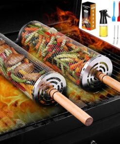 Rolling Grilling Baskets for Outdoor Grill 2 Pcs.Removable Wooden Handle.Perfect Gifts for Men Dad Husband.Portable Camping Nesting Grill Baskets for Fish. Shrimp. Meat. Vegetables