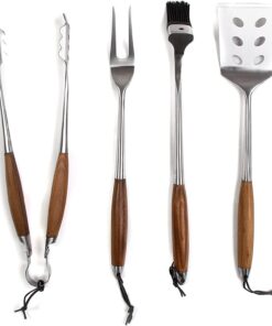 Schmidt Brothers - BBQ Bonded Teak 4 Piece Grilling Accessory Set. Full-Forged Stainless Steel Grilling Utensils Including Spatula. Fork. Basting Brush. and Tongs with All Wood Handles