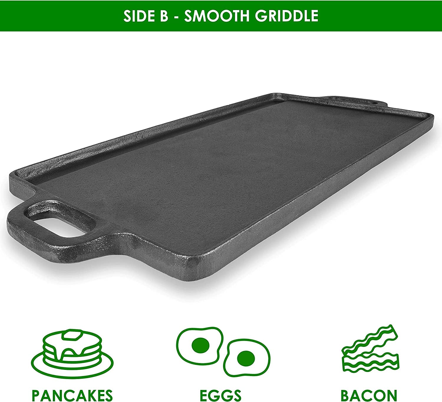 Prosource 2-In-1 Reversible 19.5 X 9 Cast Iron Griddle with Handles. Preseasoned & Non-Stick for Gas Stovetop. Oven and Open Fire. - Image 4