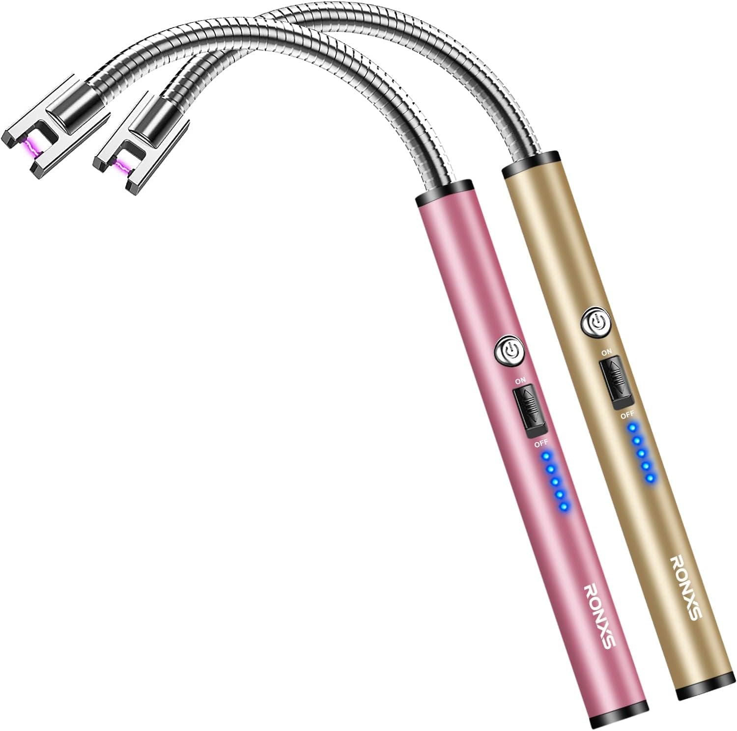 RONXS Lighter Electric Lighter Rechargeable Arc USB Candle Lighters with LED Battery Display. Flexible Neck Windproof Flameless Plasma Long Lighters for Candle BBQ Camping (N-Pink&Gold)