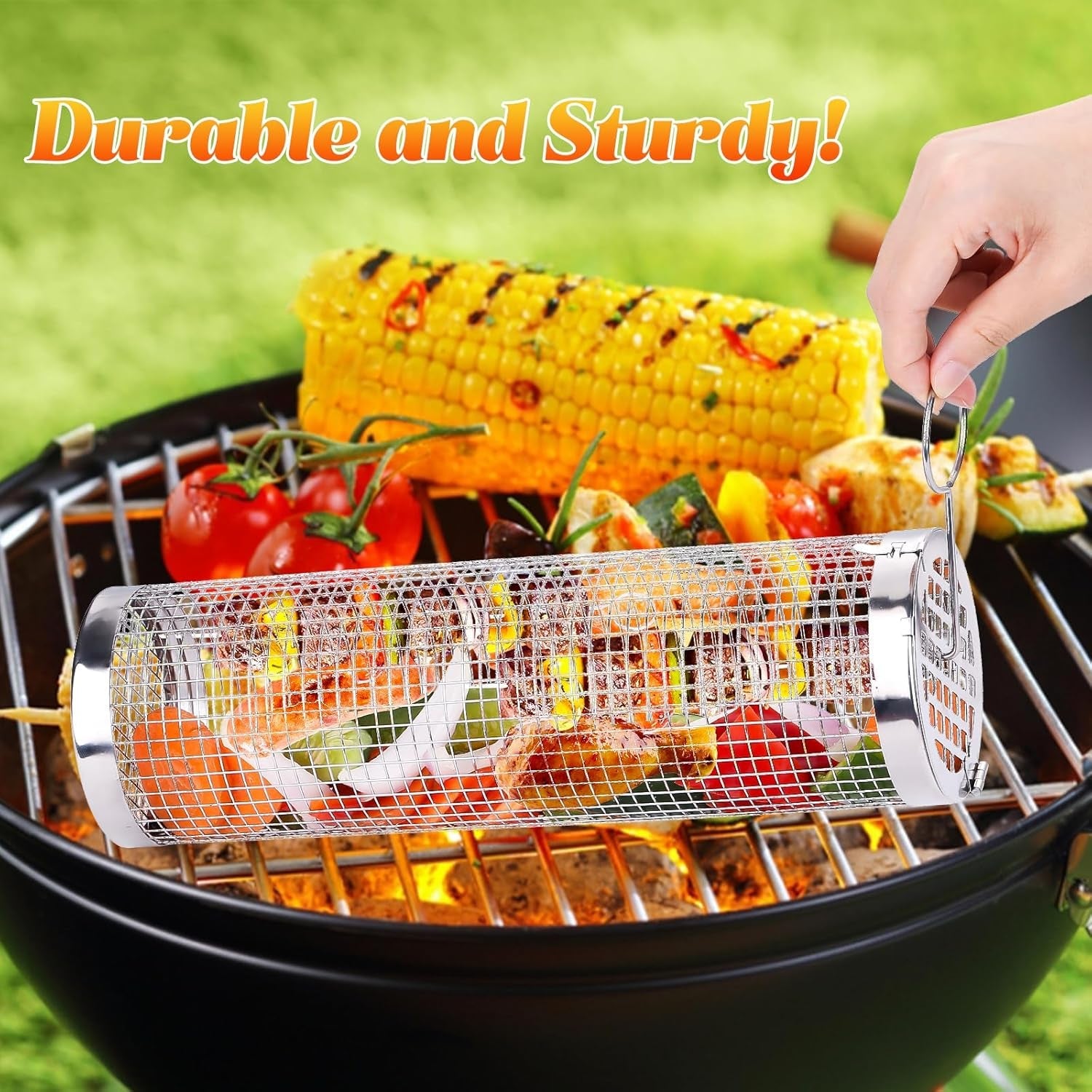 Rolling Grill Baskets. 2Pack Outdoor Veggies Grill BBQ Net Tube Tools Set. Stainless Steel round Mesh Rotation Barbecue Cylinder Cage Camping Cooking Accessories for Shrimp. Meat - Image 2