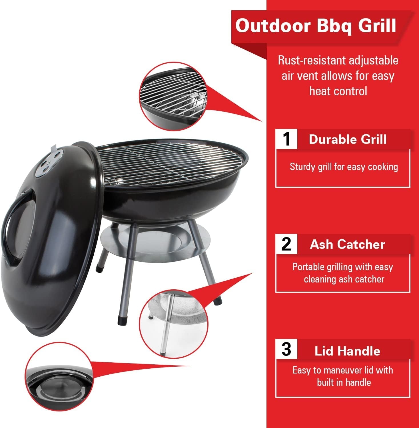 Alpine Cuisine Premium 14 Charcoal BBQ Grill round for Outdoor Cooking. Barbecue Coal Kettle Bowl Grill Portable Heavy Duty round with Legs Grilling for Tailgating Patio Backyard Camping - Black - Image 3