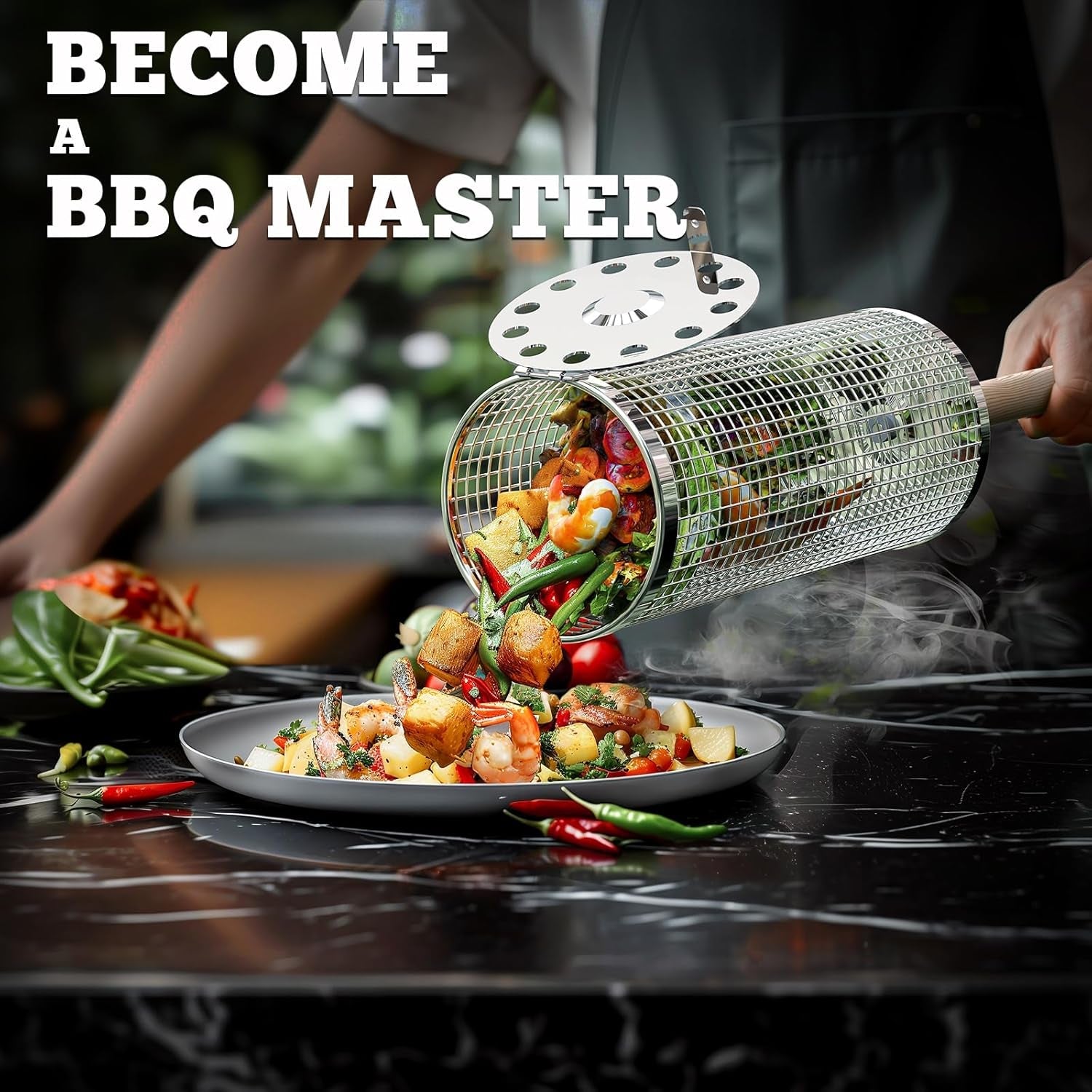 Rolling Grill Basket(2Pcs). Removable Wooden Handle. 304 Stainless Steel. Nesting Grilling Net. BBQ Accessories Tool for Vegetable Shrimp. Outdoor Cooking Camping. Birthday Gifts for Men Dad Husband - Image 4