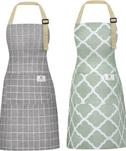 2 Pieces Aprons for Women with Pockets. Cotton Linen Waterproof Kitchen Cooking Aprons. Chef Apronfor Men Women with Adjustable Neck Strap and Long Ties(Grey/Green)