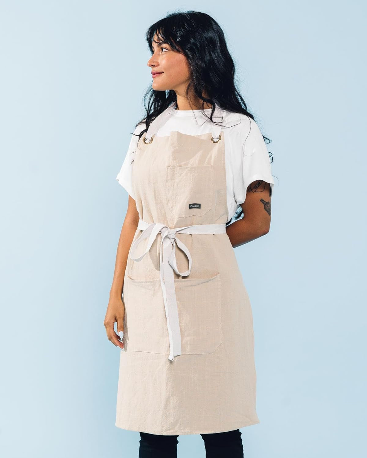 Linen Kitchen Apron for Cooking- Mens and Womens Linen Bib Apron for Professional Chef. Server. or Barista- Adjustable with Pockets (Bone) - Image 2