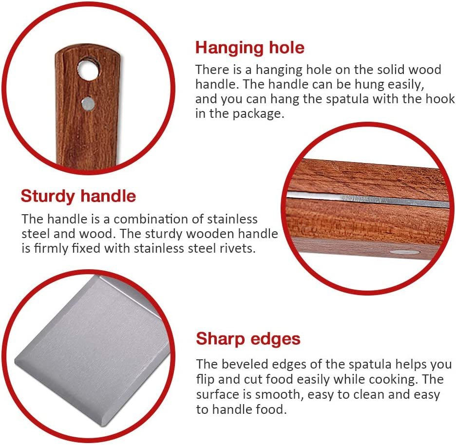 Stainless Steel Griddle Hamburger Spatula with Strong Wooden Handle. 13.5 X 5 Inches. Heavy Duty Spatula Turner with a Hook. Great for Pancake Flipper. Fish. Eggs. Burgers. Omelet and More - Image 3