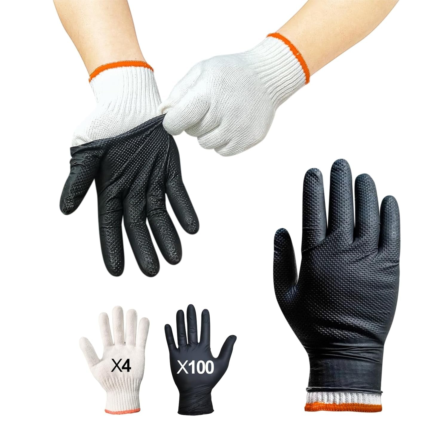 BBQ Gloves for Grilling Disposable Heat Resistant - 100 Nitrile Gloves + 4 Reusable Cotton Liners for Barbecue Smoker. Cooking Hot Meat - 10Mil Thick. Non-Slip Grip - Black Large - Image 6