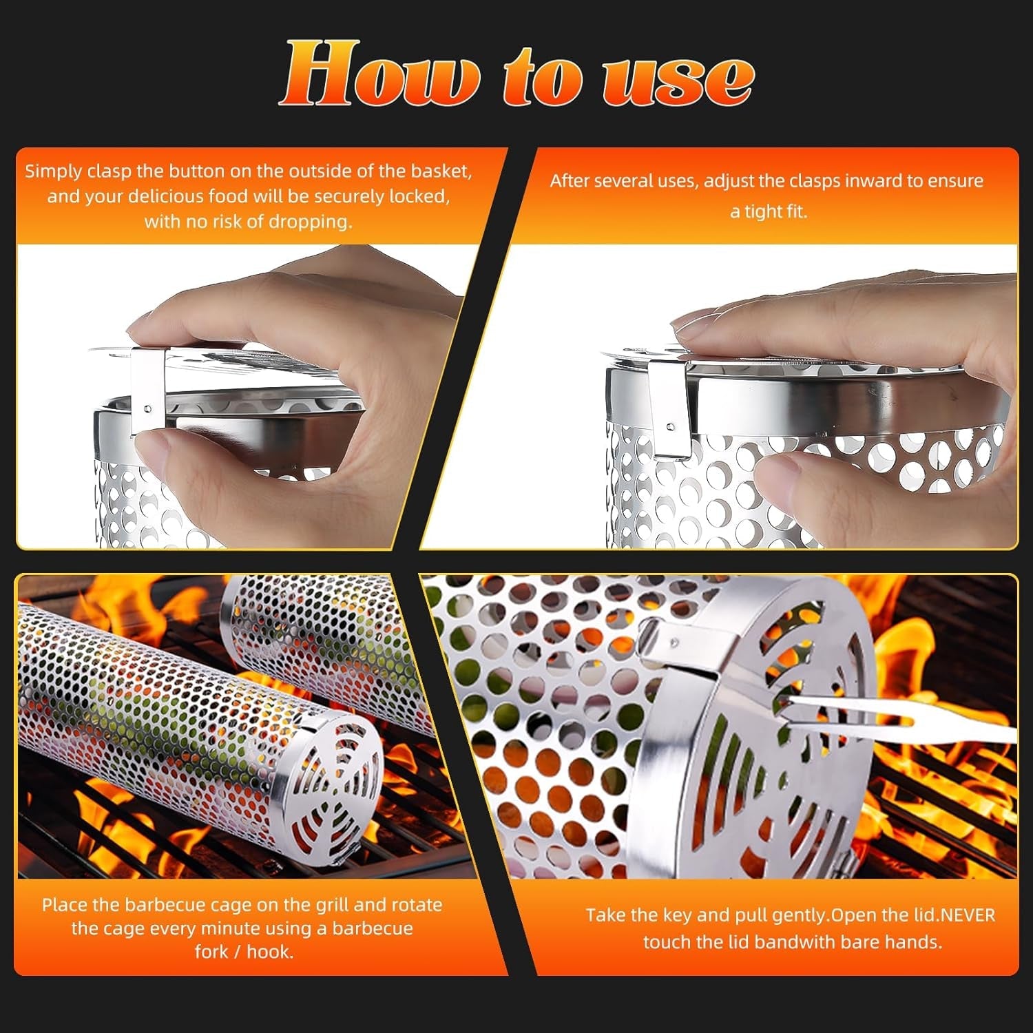 Grill Basket for Outdoor Camping.Bbq Grill Basket. Rolling Grilling Basket. Stainless Steel Grill Mesh Barbeque Grill Accessories. Portable Grill Baskets for Fish. Meat. Gifts for Men Dad Husband - Image 4