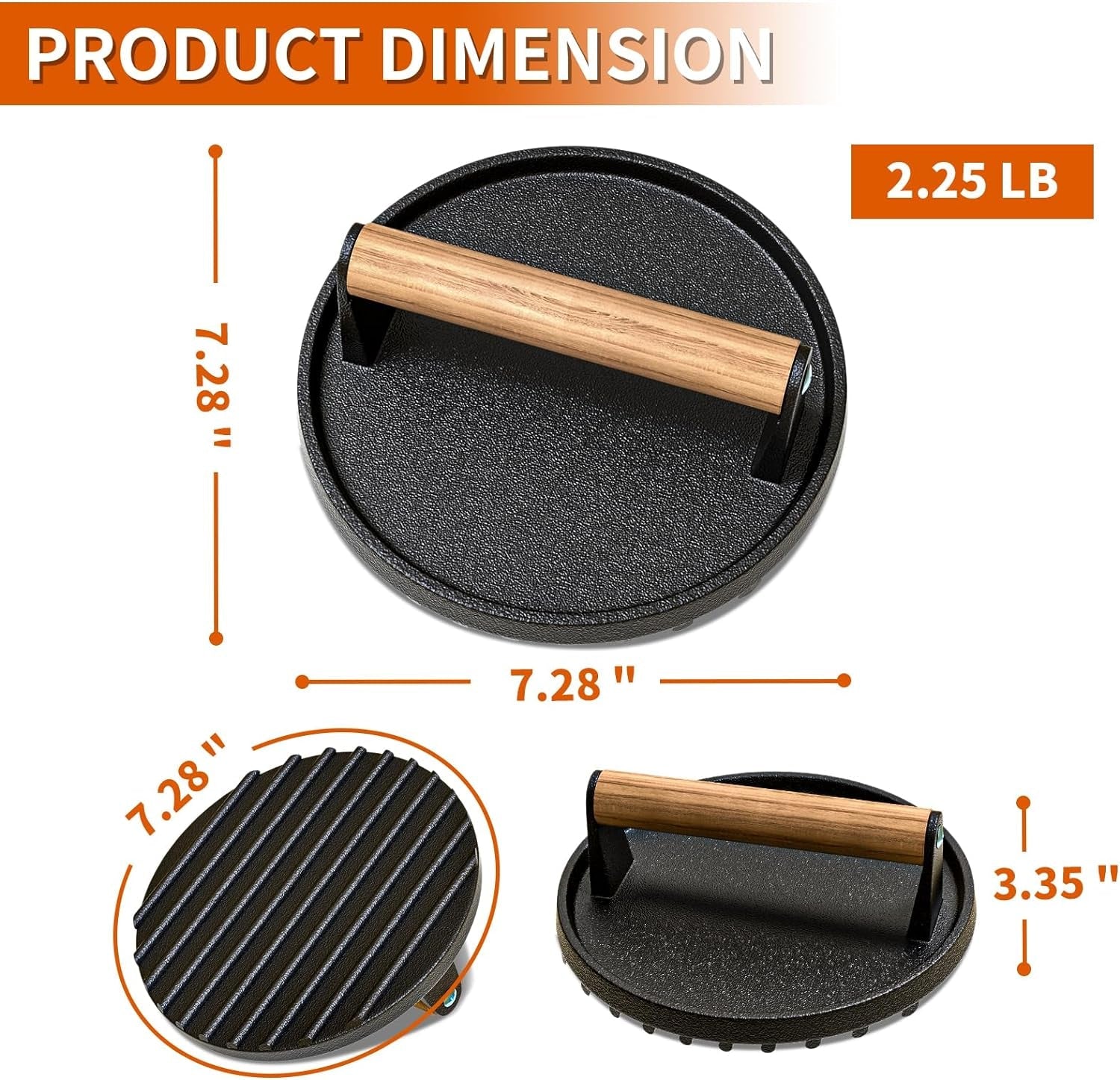 AIKKIL Burger Press. 7.08 round Heavy-Duty Cast Iron Smash Burger Press Meat Steak with Wood Handle for Blackstone. Blackstone Griddle Accessories for Sandwiches. Paninis(Round) - Image 3