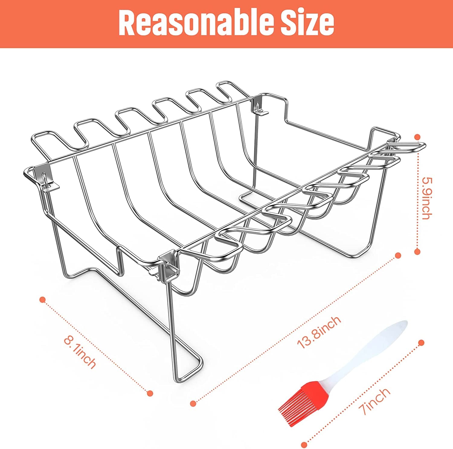3 in 1 Extra Large Rectangle Rib Rack&Chicken Leg Rack with Brush. Stainlesss Steel Roasting Rack with 2 Handle for Smoker. Oven and Grill. Holds up to 5 Ribs. Easy to Use&Clean - Image 2