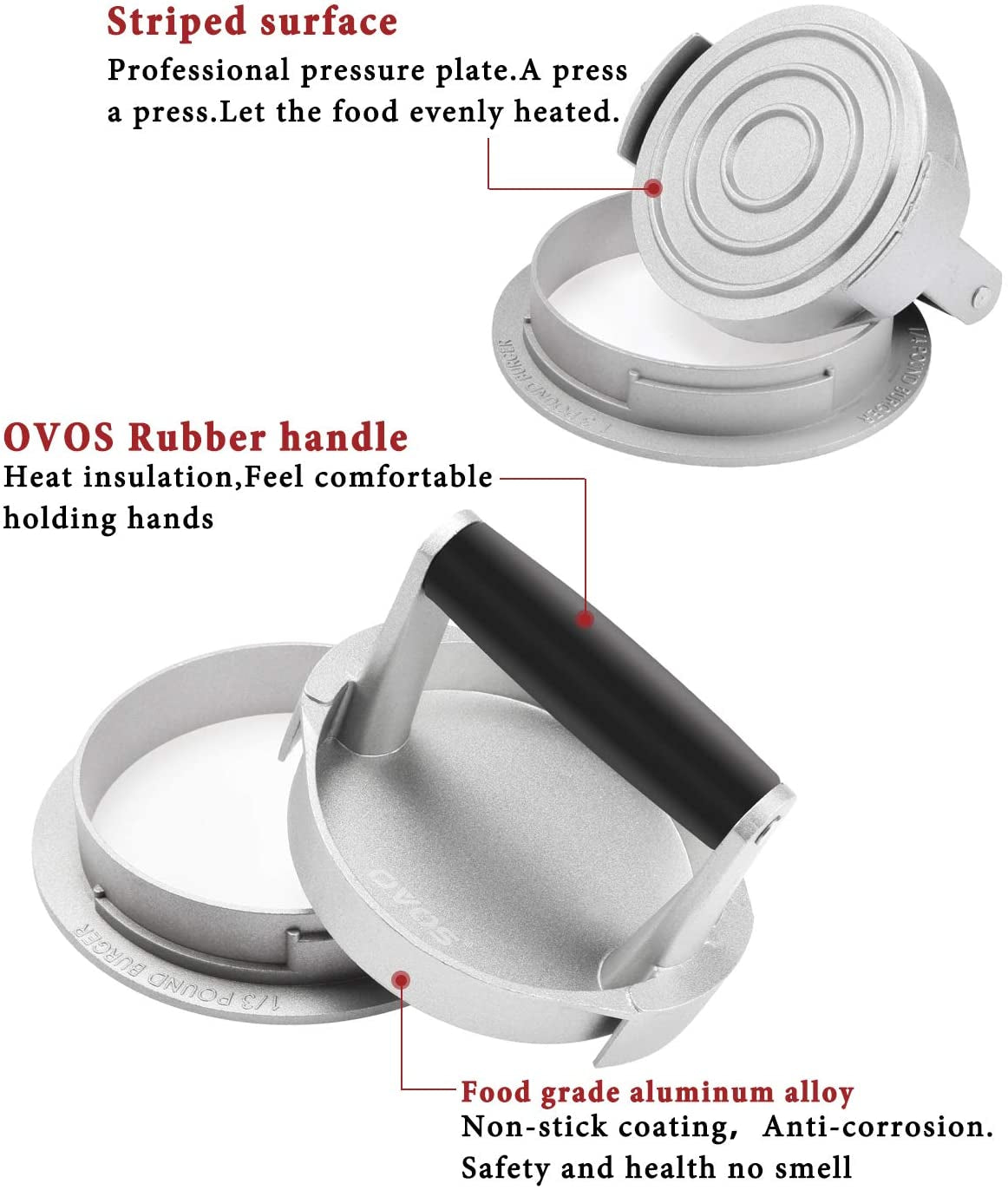 OVOS Burger Press Adjustable Thickness 3 in 1 Hamburger Patty Maker Aluminum Non Stick Patty Making Mold with 100 Wax Papers for Burgers and Meat Patties - Image 3