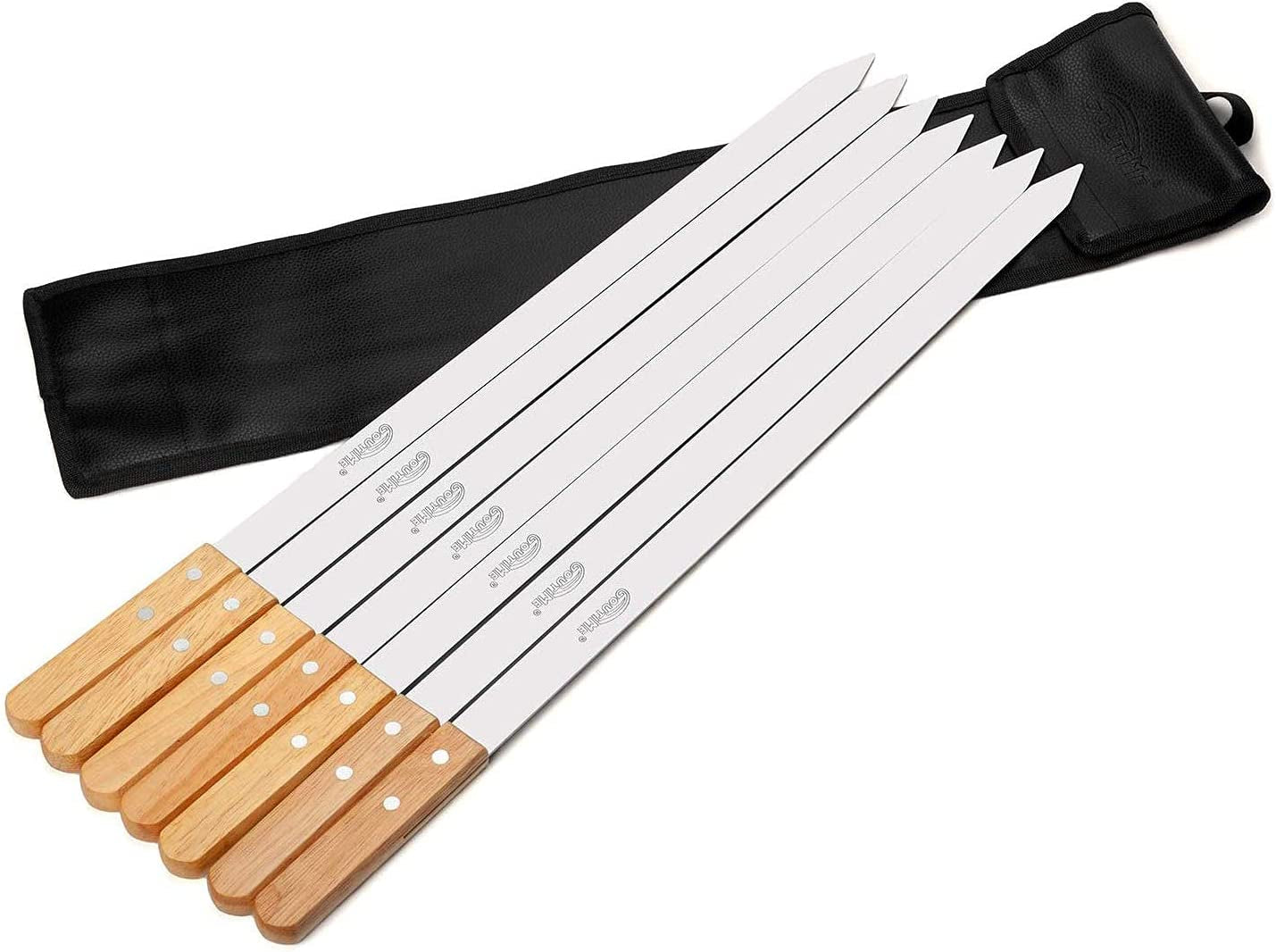 Goutime Kabob Skewers.23 Inch Long.1 Inch Wide. Metal Stainless Steel BBQ Skewer with Wooden Handle for Grilling Koubideh Persian Brazilian Chicken Shish Kebab.Set of 7 with Bag