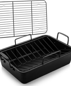 Large Roasting Pan with Rack Set of 3. P&P CHEF 15¼ Turkey Roaster Pan & V-Shape Baking Rack & Cooling Rack for Chicken Rib Lasagna Cookie. Nonstick Coating & Stainless Steel Core. Sturdy & Healthy